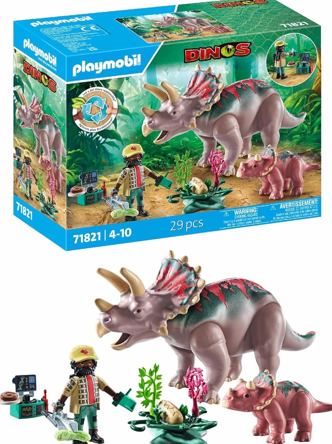 Playmobil Dinos Triceratops avec Bébé Jeu de Dinosaures Figurines Jouet 71821