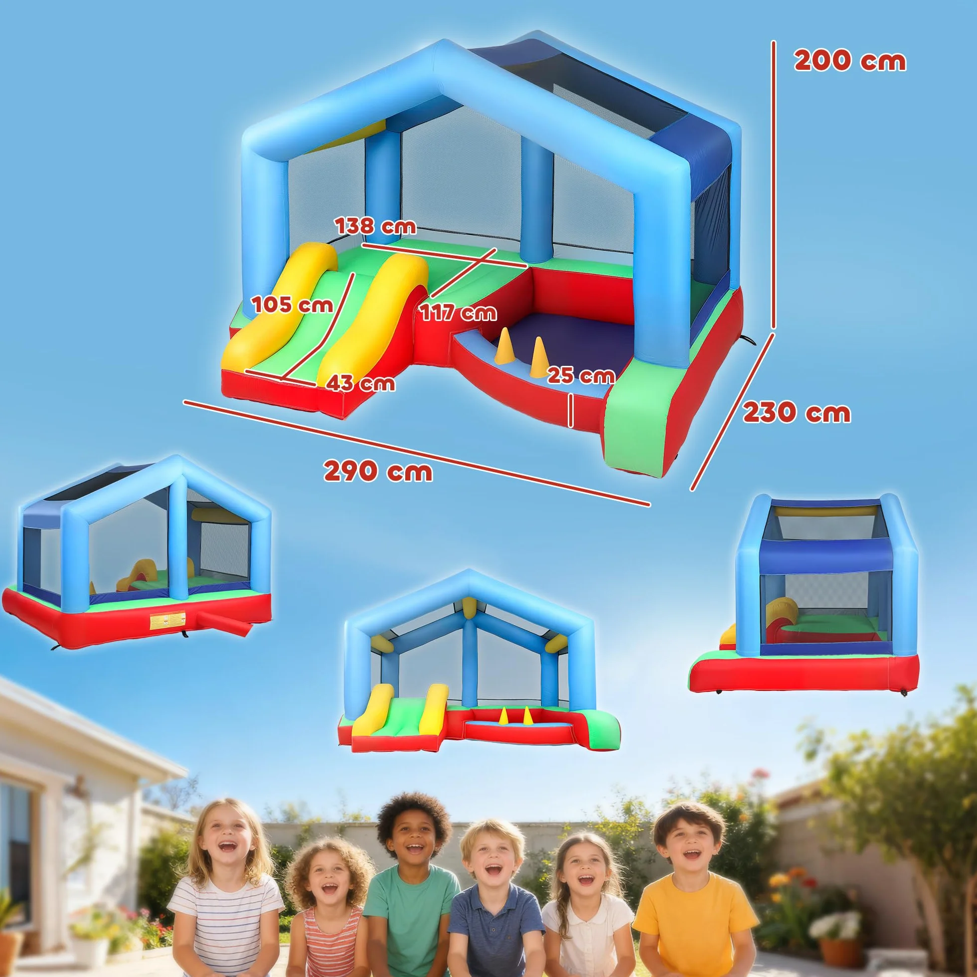 AIYAPLAY Château Gonflable 4 en 1 avec Toboggan, Piscine à balles, Jeu de Lancer d'anneaux, Toit à Protection Solaire, pour 3 Enfants 3-8 Ans