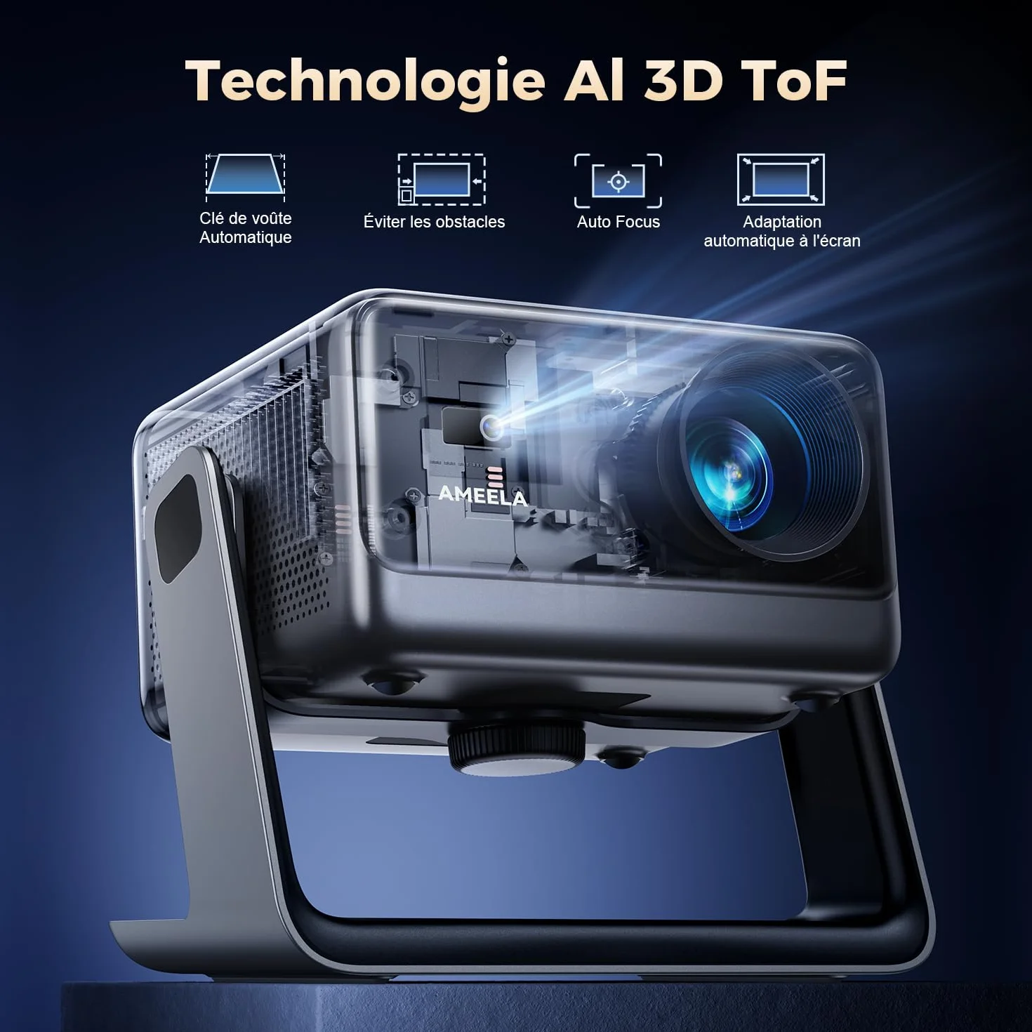 AMEELA Vidéoprojecteur 30000 Lumens 4K FHD 1080P Projecteur Video Auto Focus Keystone WiFi Bluetooth HDMI USB