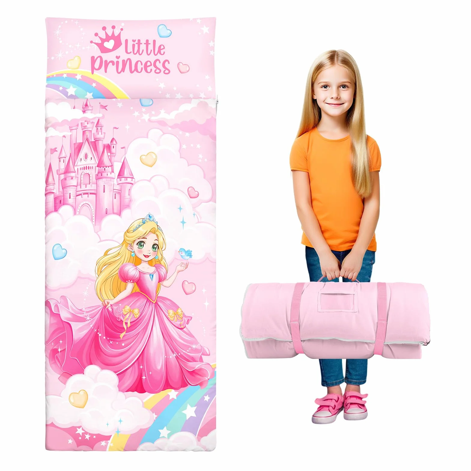 Sac Couchage Enfants 150x60cm avec Couverture et Oreiller Amovibles Léger Garcon Fille 3-7 Ans Voyage Camping