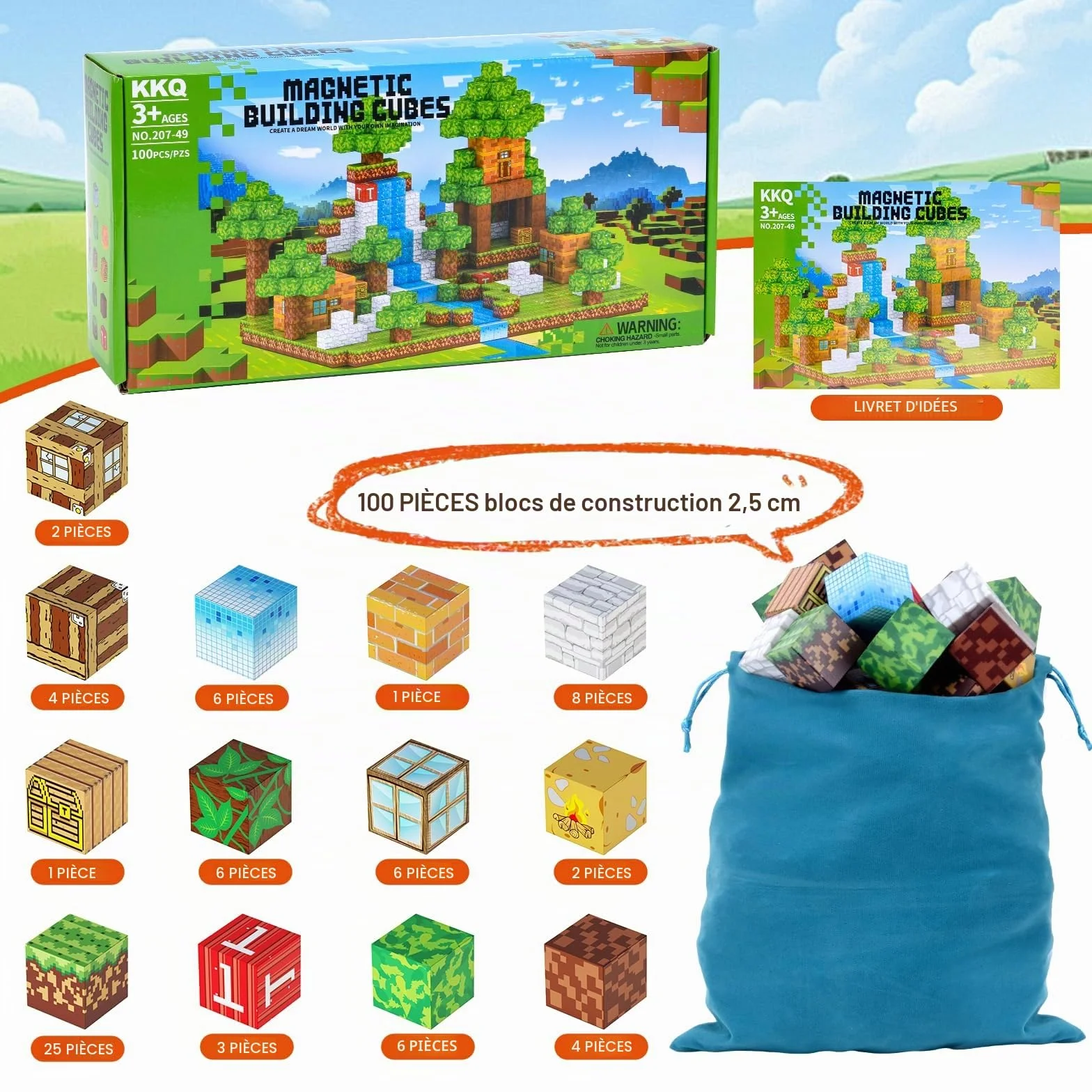Blocs de Construction Magnétiques 2,5 cm Lot de 100 pour Enfants Montessori Jeu Aimants