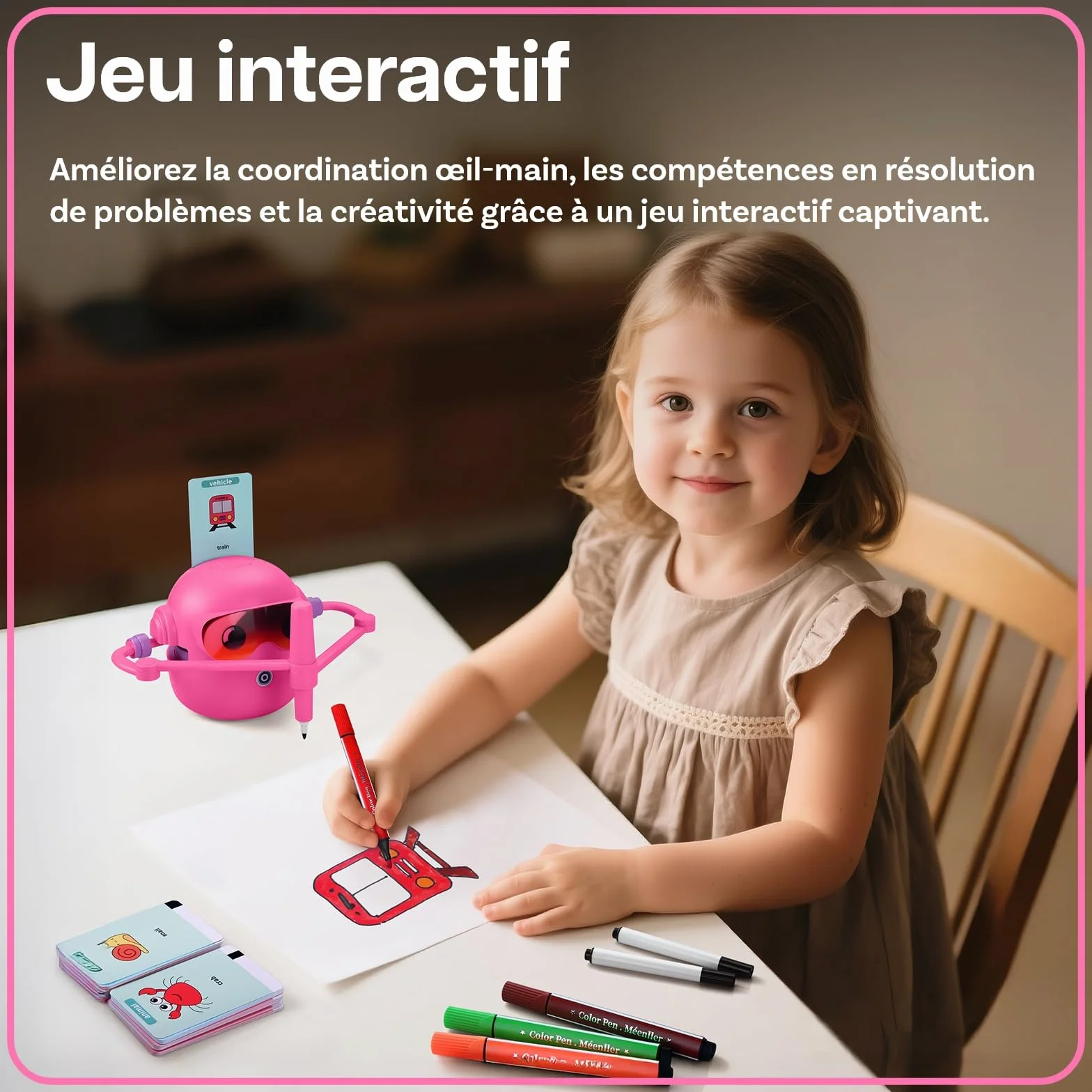 Robot de Dessin pour Enfants MMOBIEL Pictobot Jouet Éducatif Interactif 100 Cartes de Dessin Guide Vocal 12 Feutres Colorés Batterie USB-C Cadeau Filles Garçons 3-9 Ans Rose
