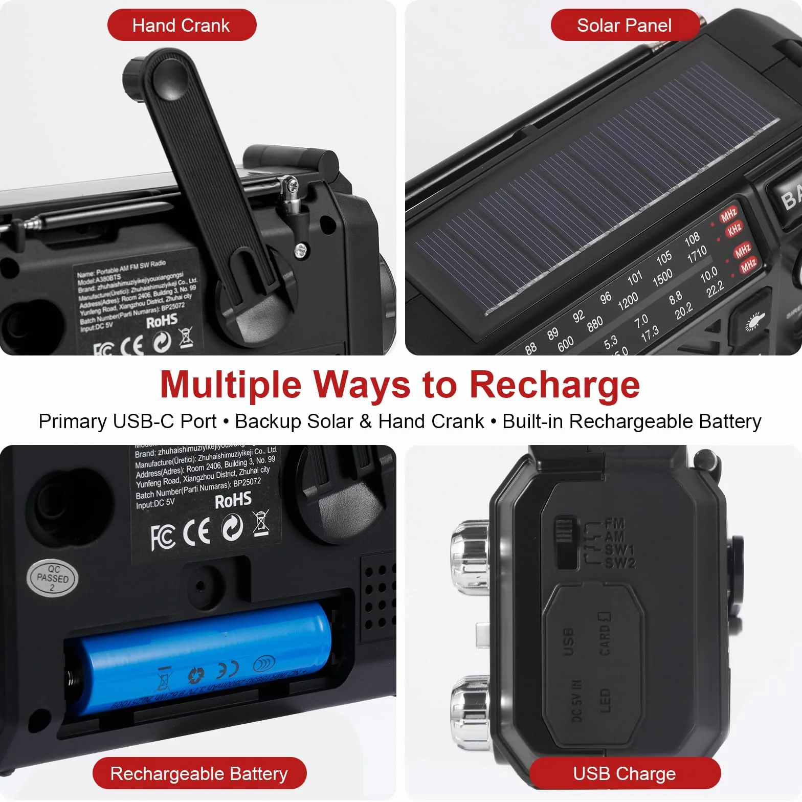 Radio de Survie à Manivelle avec Power Bank 2600mAh, Radio Solaire Dynamo AM/FM/OC, Lampe Torche SOS Rechargeable USB - Noir