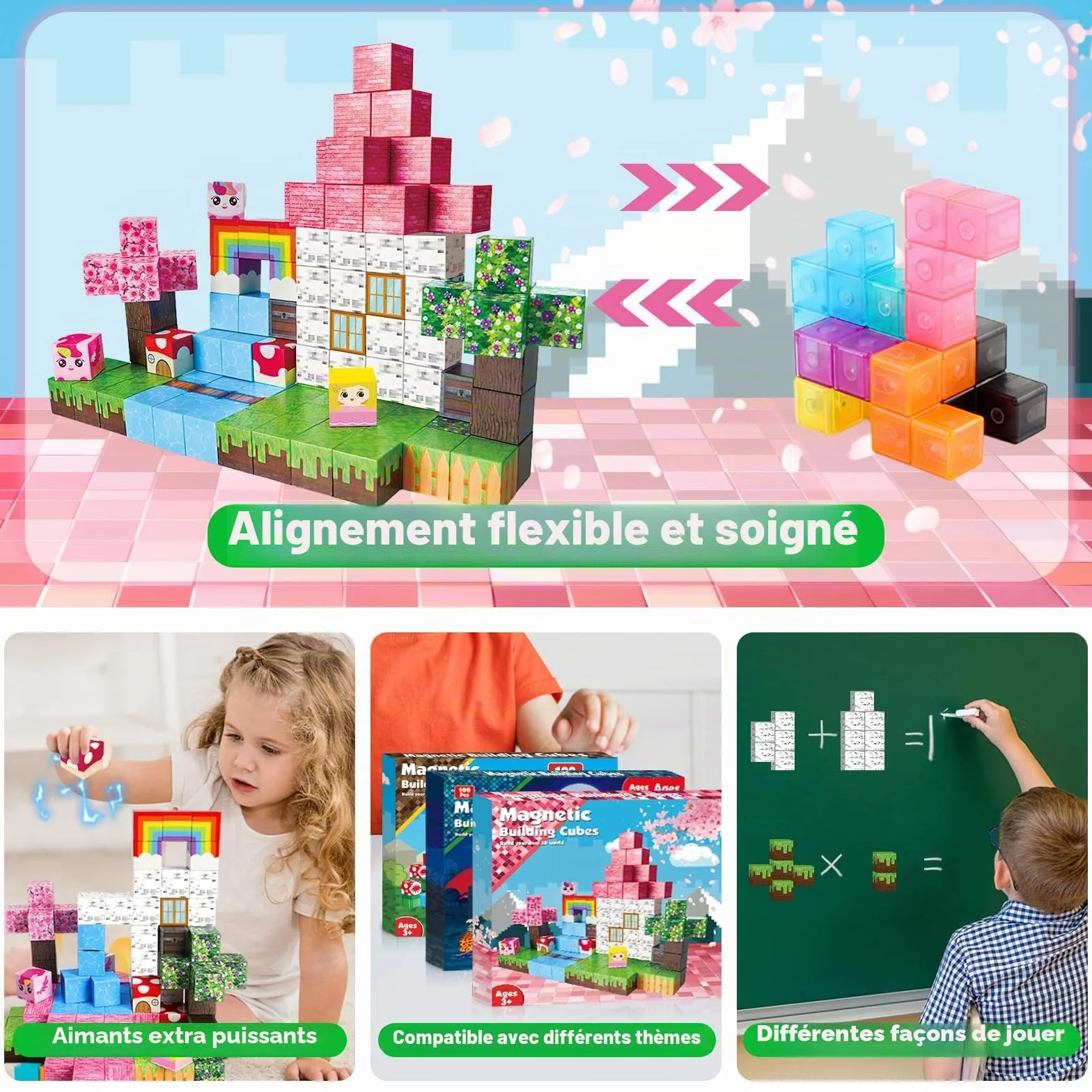 Blocs Magnétiques 100 Pièces Cadeaux Licorne pour Filles 4-9 Ans Jeux Magnétiques Jouets