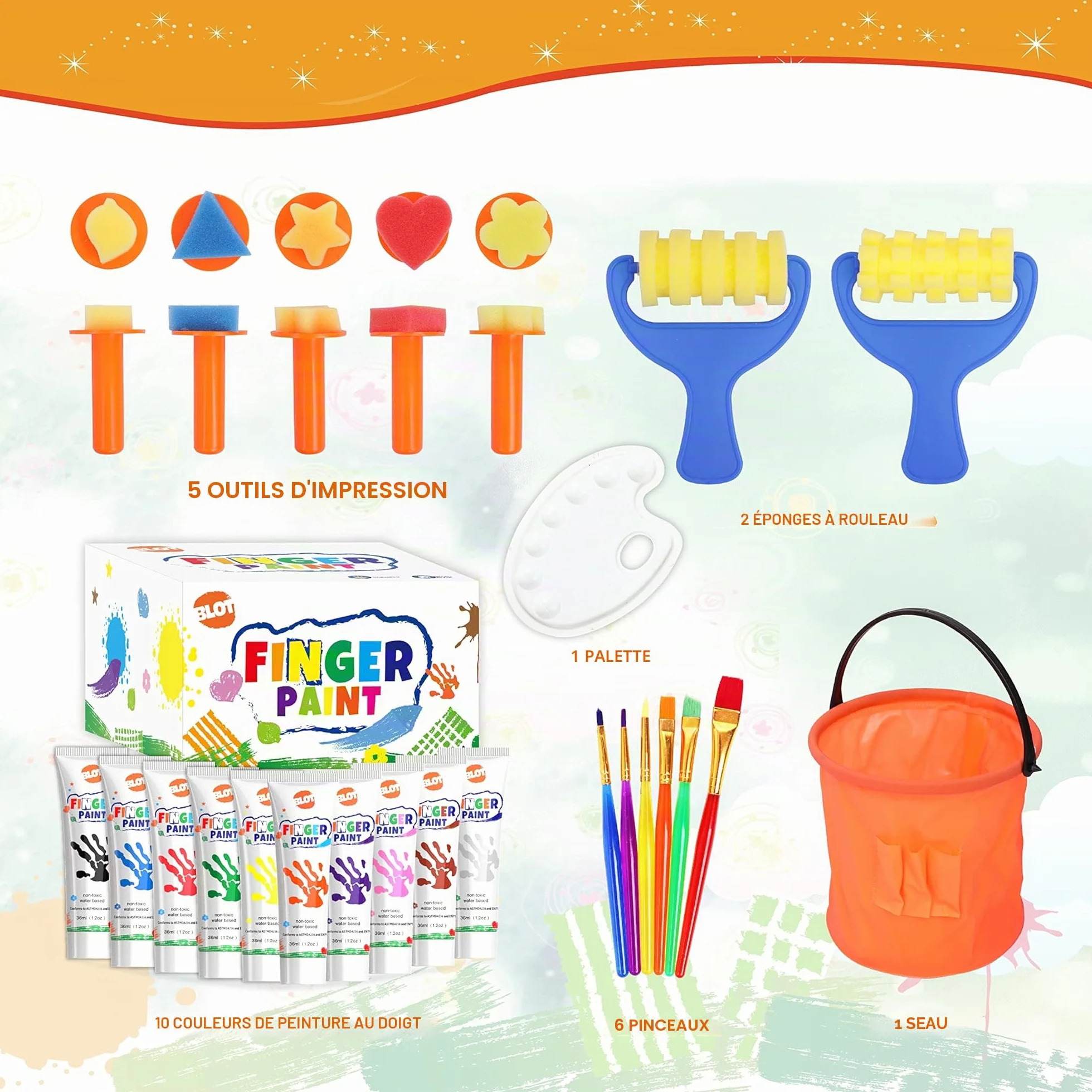 Peinture au Doigt Lavable Non Toxique Kit avec Éponge Pinceaux Palette pour Enfant Apprentissage Précoce