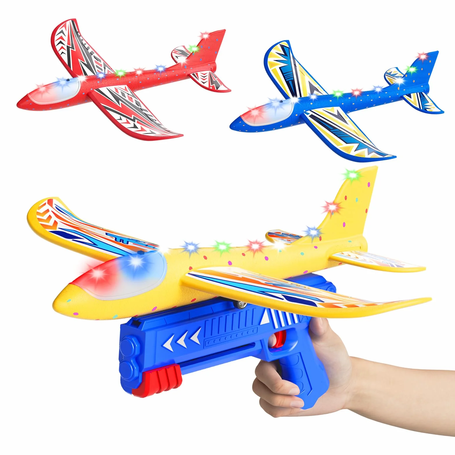 Doloowee 3 Avions Planeurs en Mousse, 2 Modes de vol, Jouets Volants d'extérieur avec Pistolet catapulte, Cadeaux pour Enfants 4-12 Ans