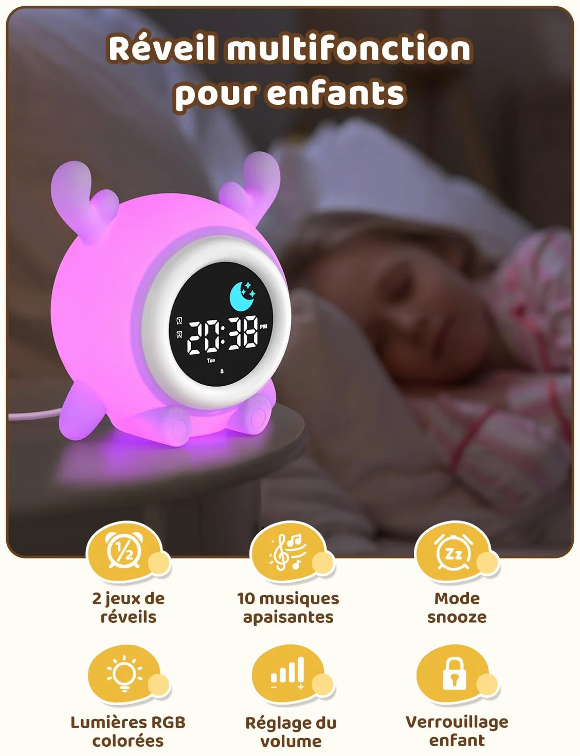YISSVIC Réveil Enfant Educatif Jour/Nuit 2 Alarme 12/24 Heure Snooze Luminosité Réglable 7 Couleurs 10 Chansons
