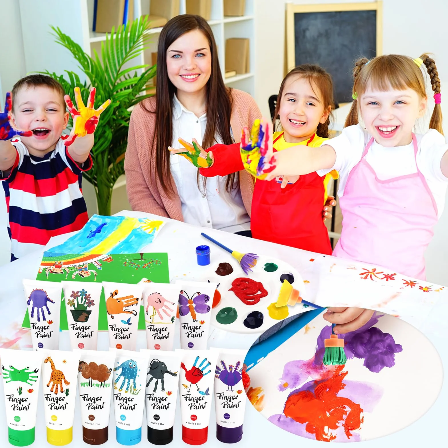 USHOP Kit Peinture au Doigt Lavable Enfants 51Pcs Non Toxique 12 Couleurs avec Pinceaux Palette Tablier