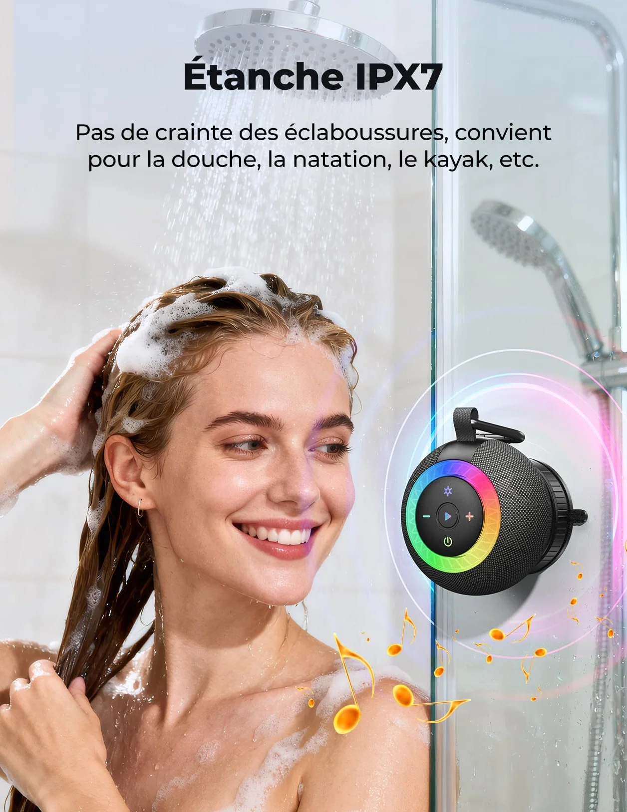 Enceinte Bluetooth Douche IPX7 20W Haut-Parleur Salle de Bain Bluetooth 5.4 Autonomie 24H LED RGB TWS Carte TF