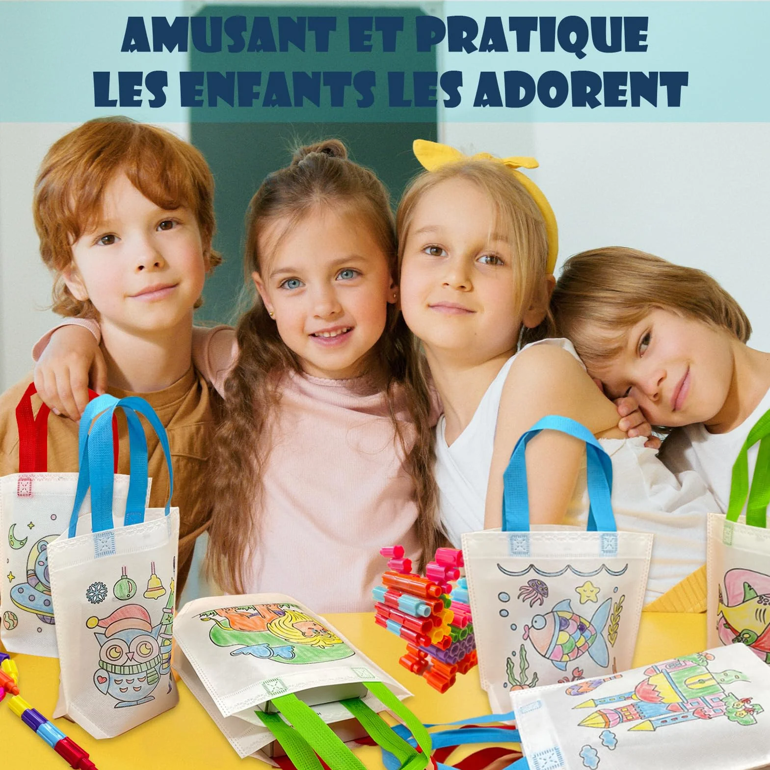 ICEPAPA Kit Peinture Enfant 12 Sac a Colorier 12 Crayons de Couleurs empilables 7 couleurs Cadeau Anniversaire Enfants