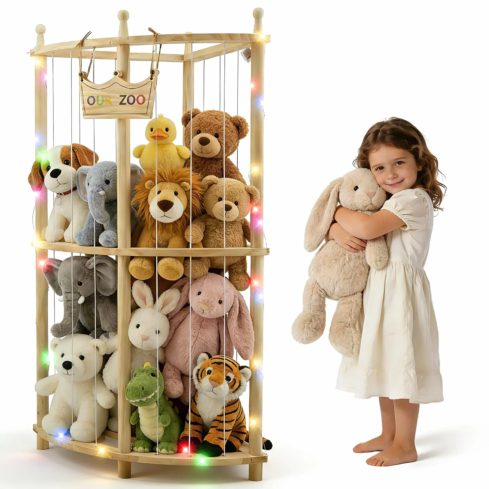 OUR ZOO Rangement d'angle pour doudou avec guirlandes lumineuses, double couche, bois, 90 cm, organisateur de jouets