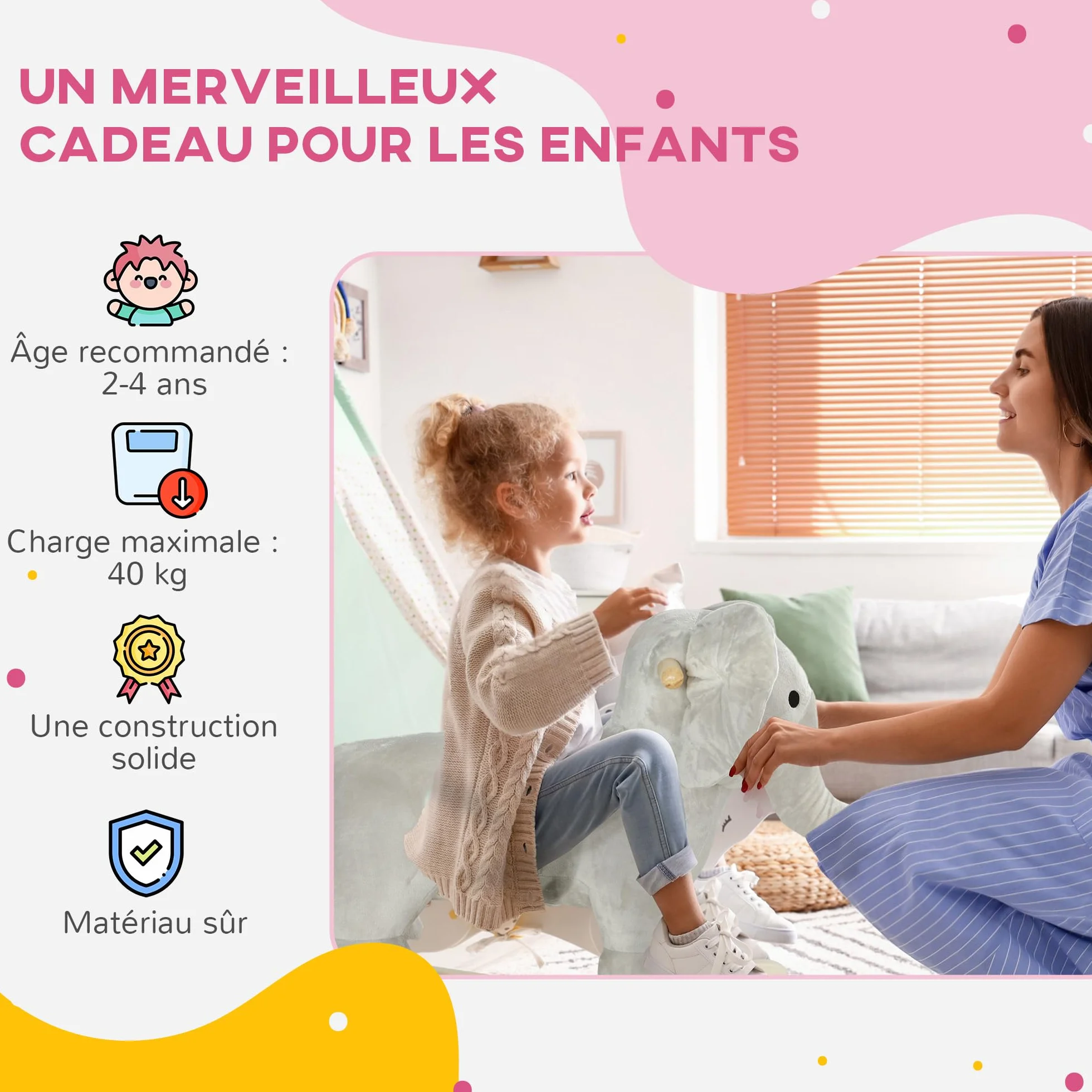 AIYAPLAY Cheval à Bascule pour Enfant, Jouet à Bascule en Peluche Éléphant avec Effets Sonores, 64,5x31x52 cm, Gris