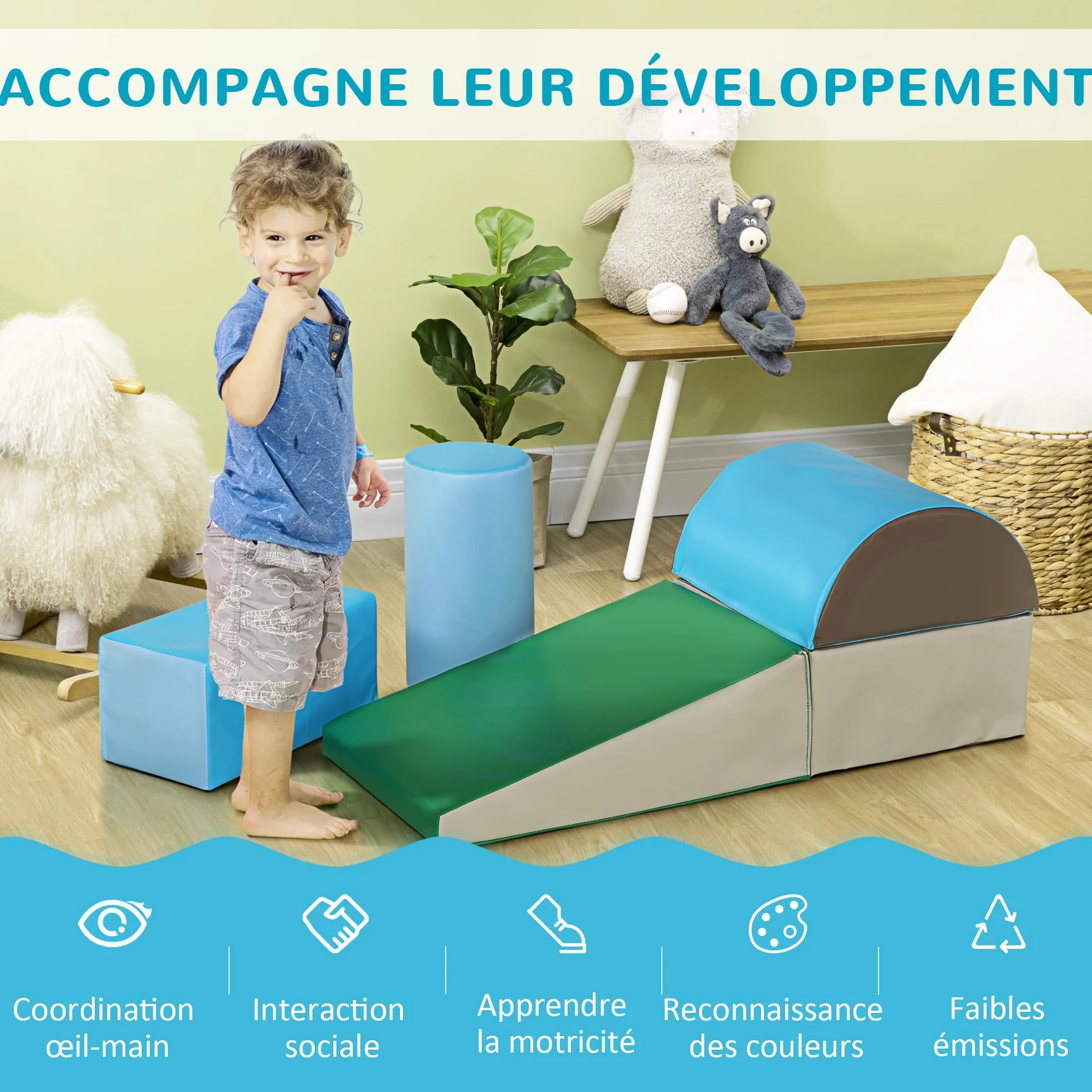 HOMCOM 5PCS Module motricité bébé Parcours motricité bébé Blocs de Construction en Mousse EPE avec Housse en revêtement synthétique