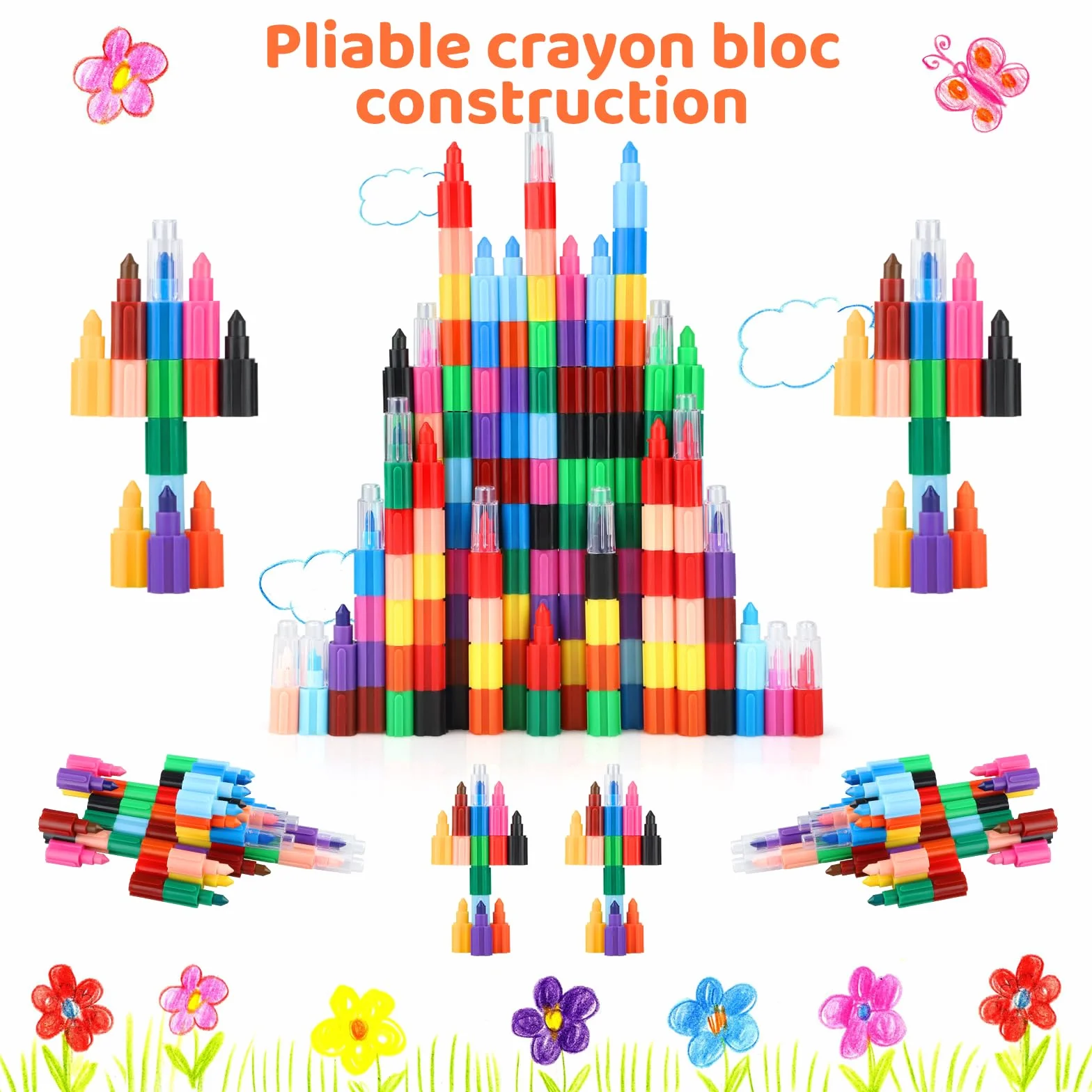 Crayons de Couleur Empilables pour Enfants, Ensemble de Crayons de Cire Arc-en-ciel