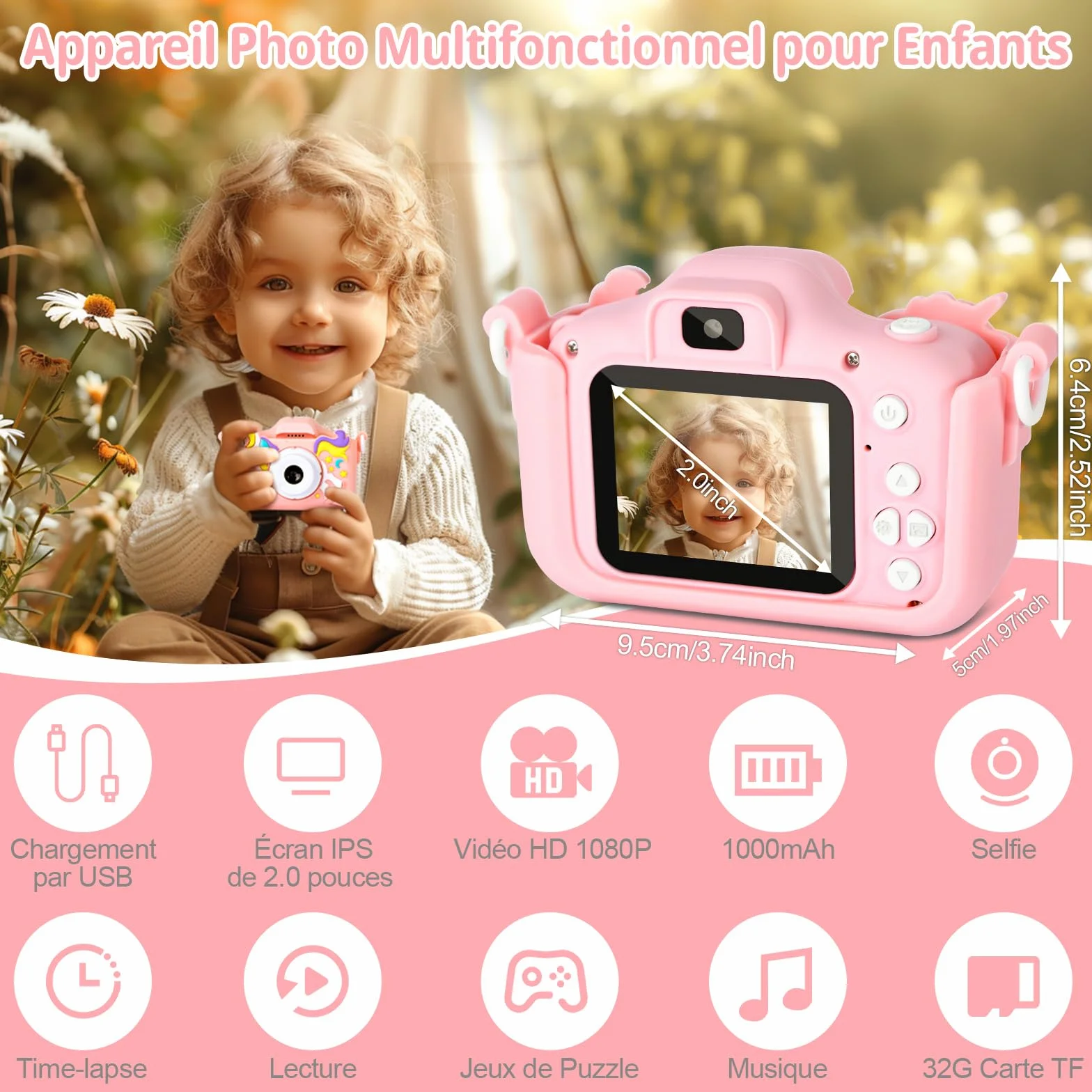 Appareil Photo Numérique Enfant 2,0" 1080p 32 Go Carte SD Selfie Rechargeable Caméscope Jouet Licorne