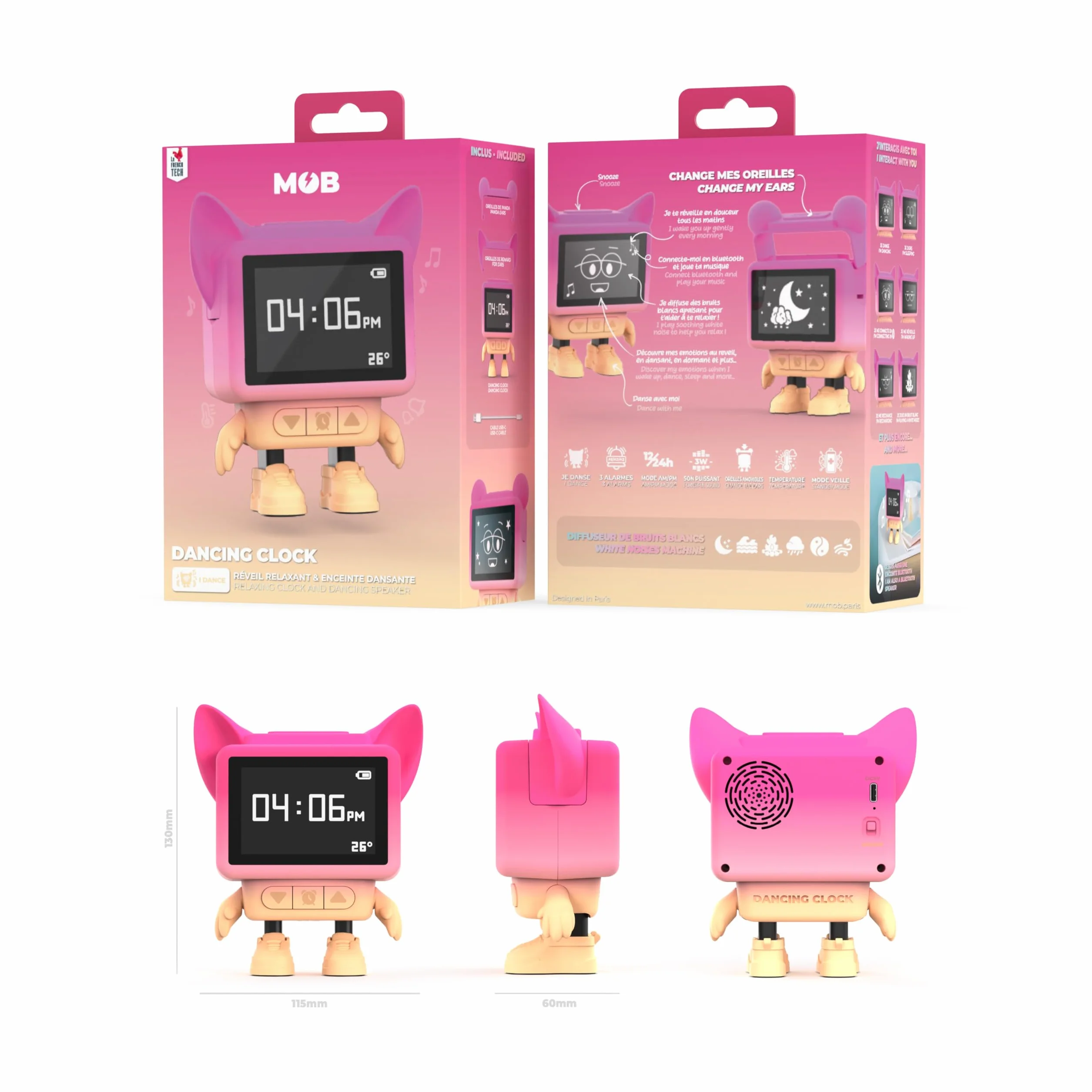 Mob Réveil Enceinte Bluetooth Enfant Dancing Clock avec Écran LCD Émotionnel et Diffuseur Bruits Blancs