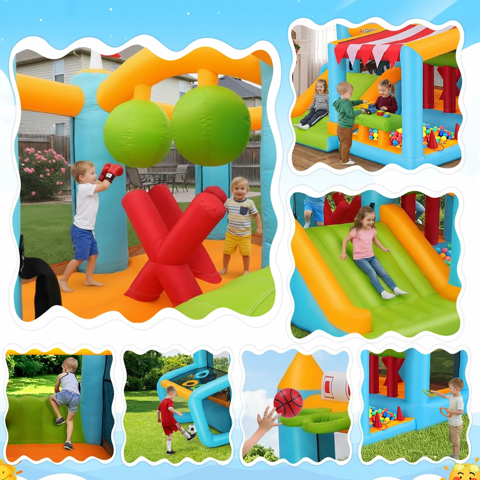 Château Gonflable pour Enfants 3-12 Ans Intérieur Extérieur avec Parcours Obstacles Stand Marché Jouets Parc Tir Football Piscine Balles Ventilateur