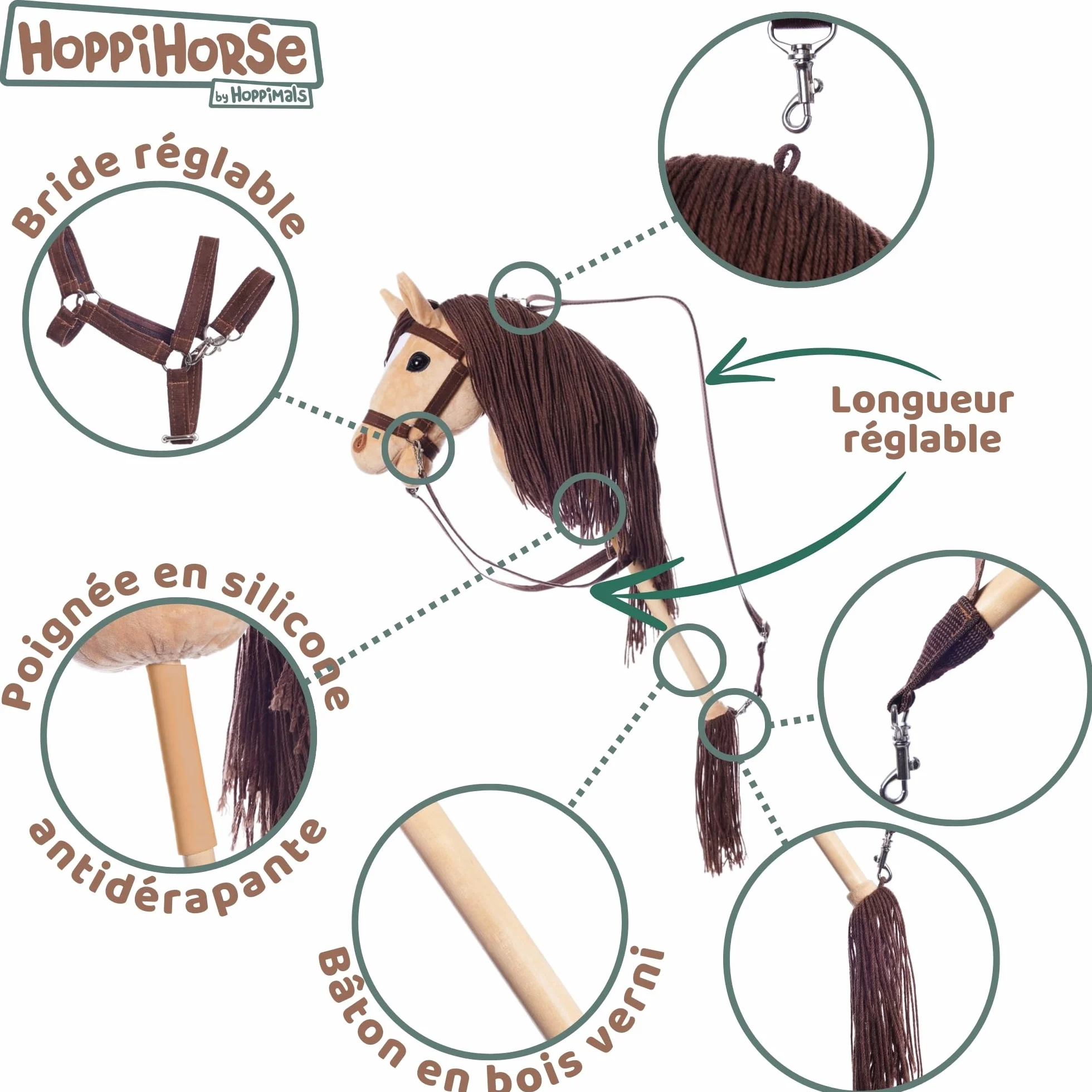 HOPPIHORSE Sport Edition Hobby Horse A3 Taille Cheval Bâton avec Bride Rênes Sangle d'Épaule Queue Poignée Silicone Boîte-Cadeau