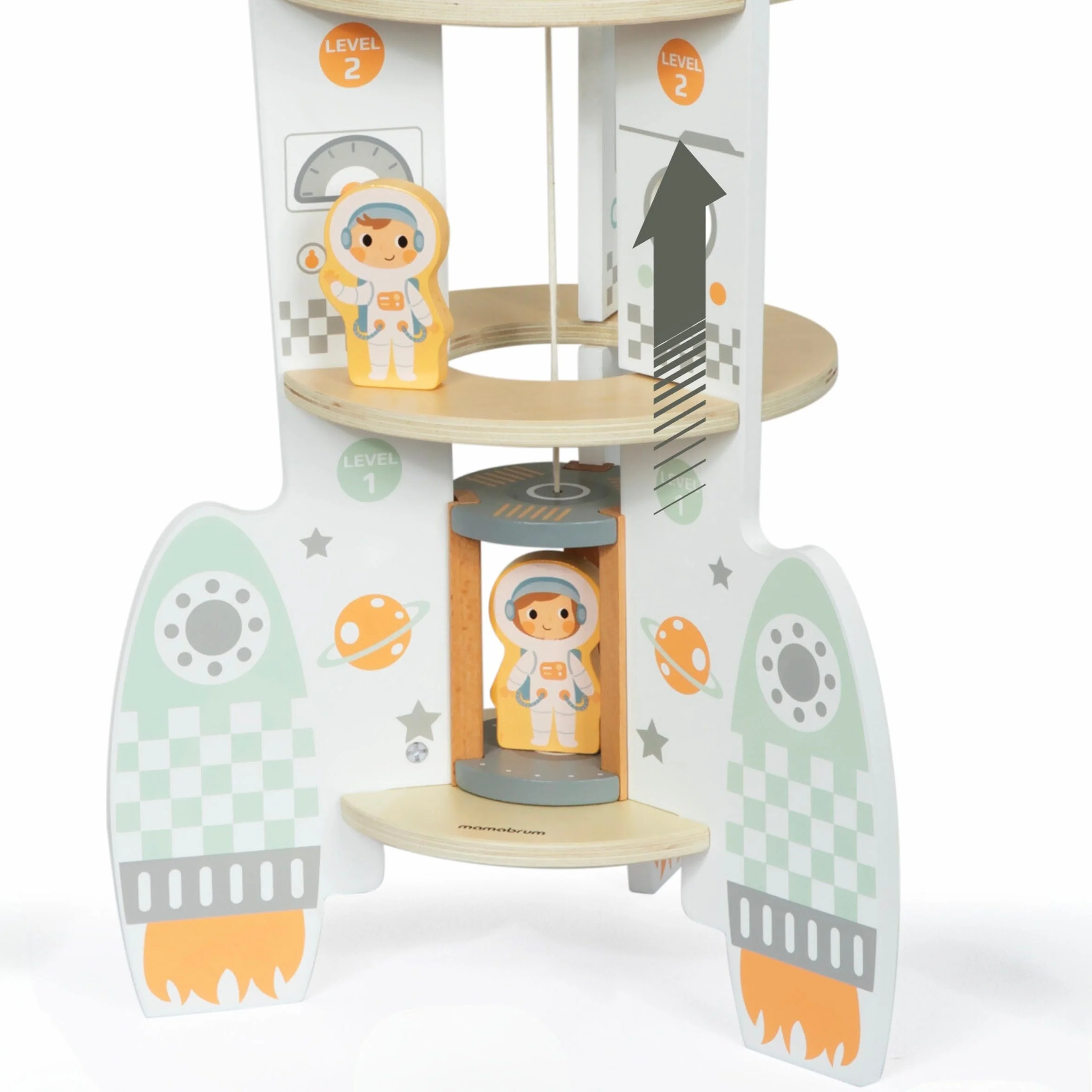 mamabrum Fusée Spatiale en Bois XXL - Jouet 3 Ans et Plus avec Ascenseur, 2 Astronautes, Robot, Extraterrestre - 60cm Hauteur - Centre de Contrôle et Salle Machines