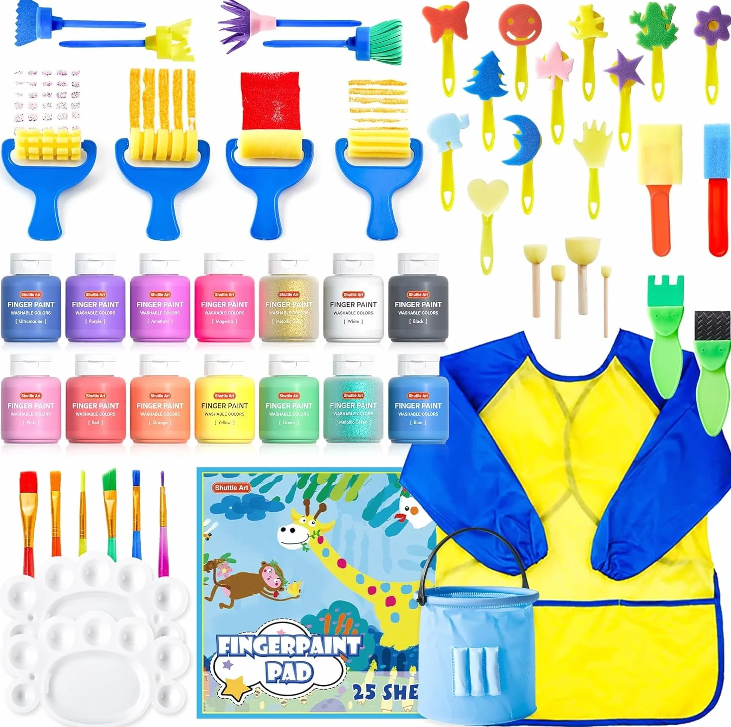Shuttle Art Peinture au Doigt pour Enfants, 53 Pièces, Lavable, Non Toxique, 14 Couleurs
