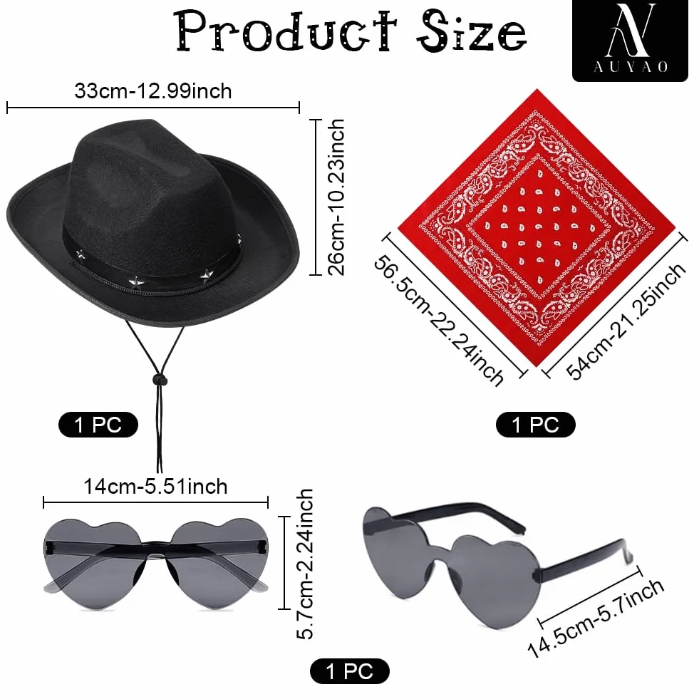 Chapeau de CowBoy pour Enfants 3Pcs avec Étoile Diadème Ficelle Lunettes Coeur Bandana Halloween