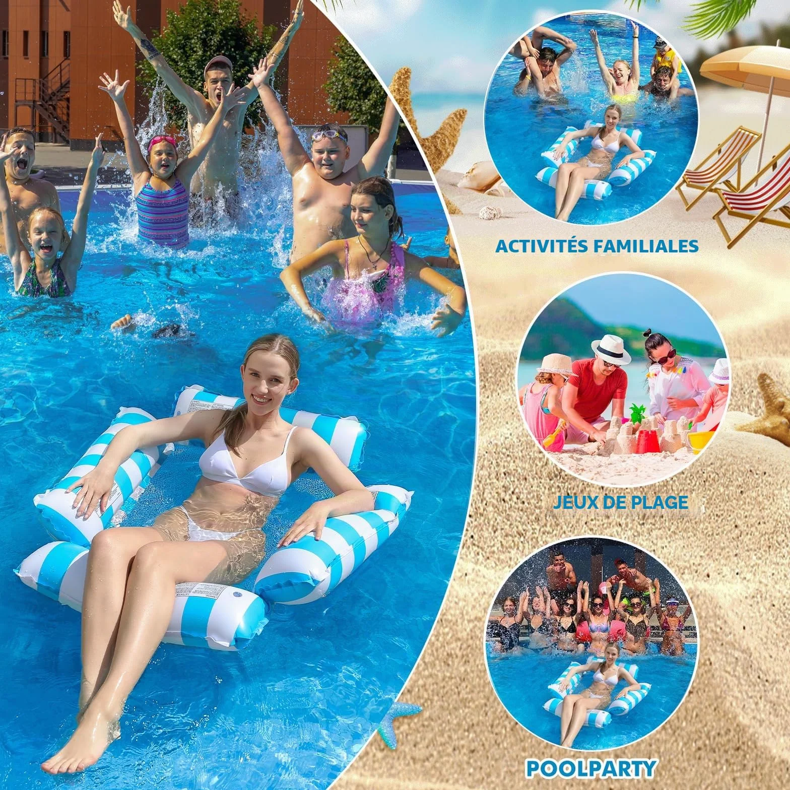 Hamac Gonflable Piscine 4 en 1, Bouée Adulte avec Filet, Fauteuil Flottant, Matelas Gonflable, 120 cm