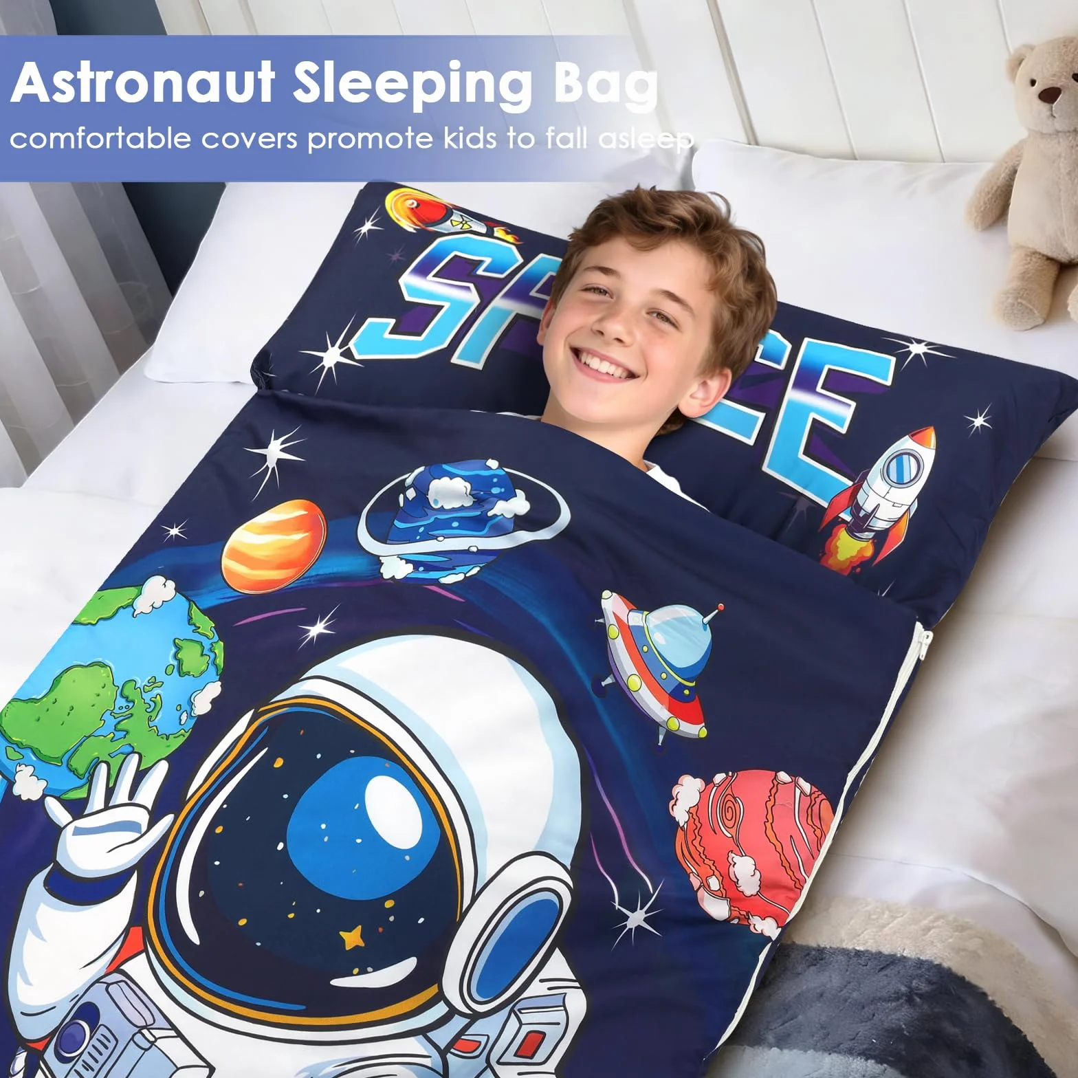 Sac de Couchage pour Enfants 170×75cm avec Oreiller Amovible Chaud Pliable Camping École Garderie