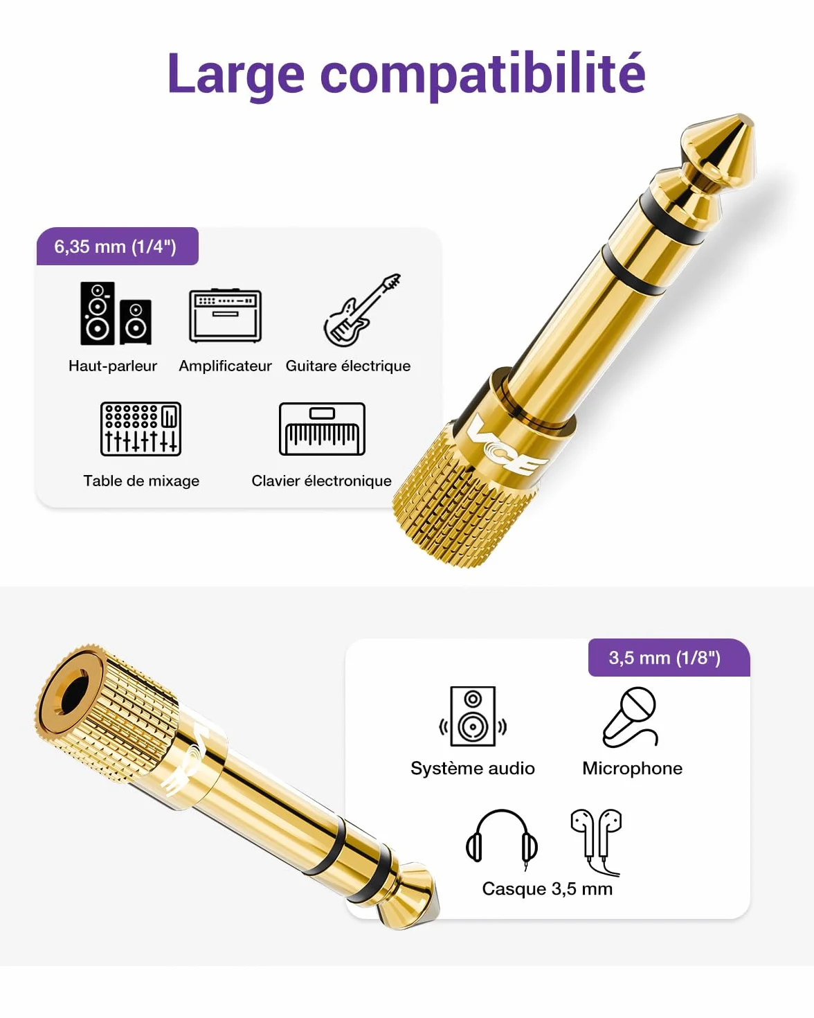 Adaptateur Jack 6.35mm Mâle vers 3.5mm Femelle, Audio Stéréo Plaqué Or 24K, Lot de 2