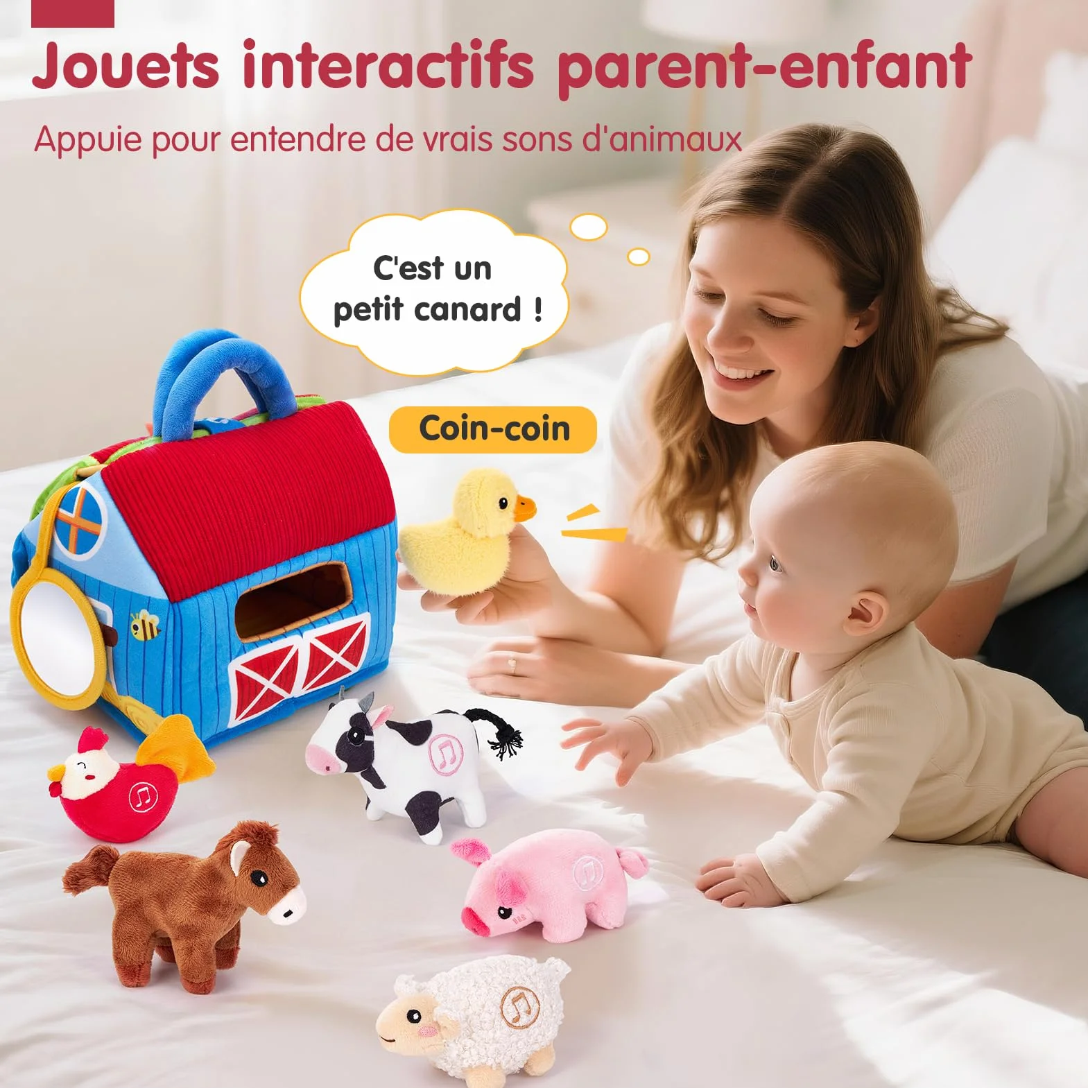 hahaland Jouets pour Bébé 6-12 Mois - Jouet de Ferme Animal en Peluche avec Vrais Sons, Jouets Montessori Sensoriel Cadeau Enfant
