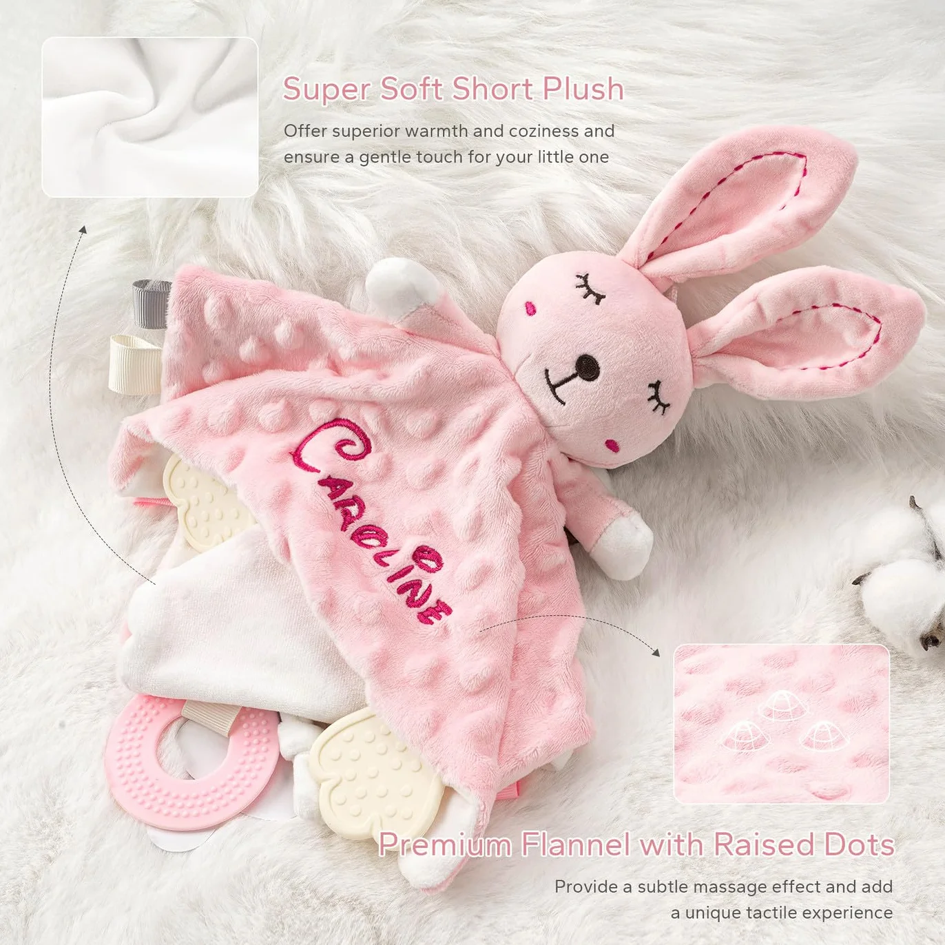 Serviette de Bébé Personnalisée avec Prénom, Couverture de Sécurité Lapin Rose, Cadeau Fille Garçon