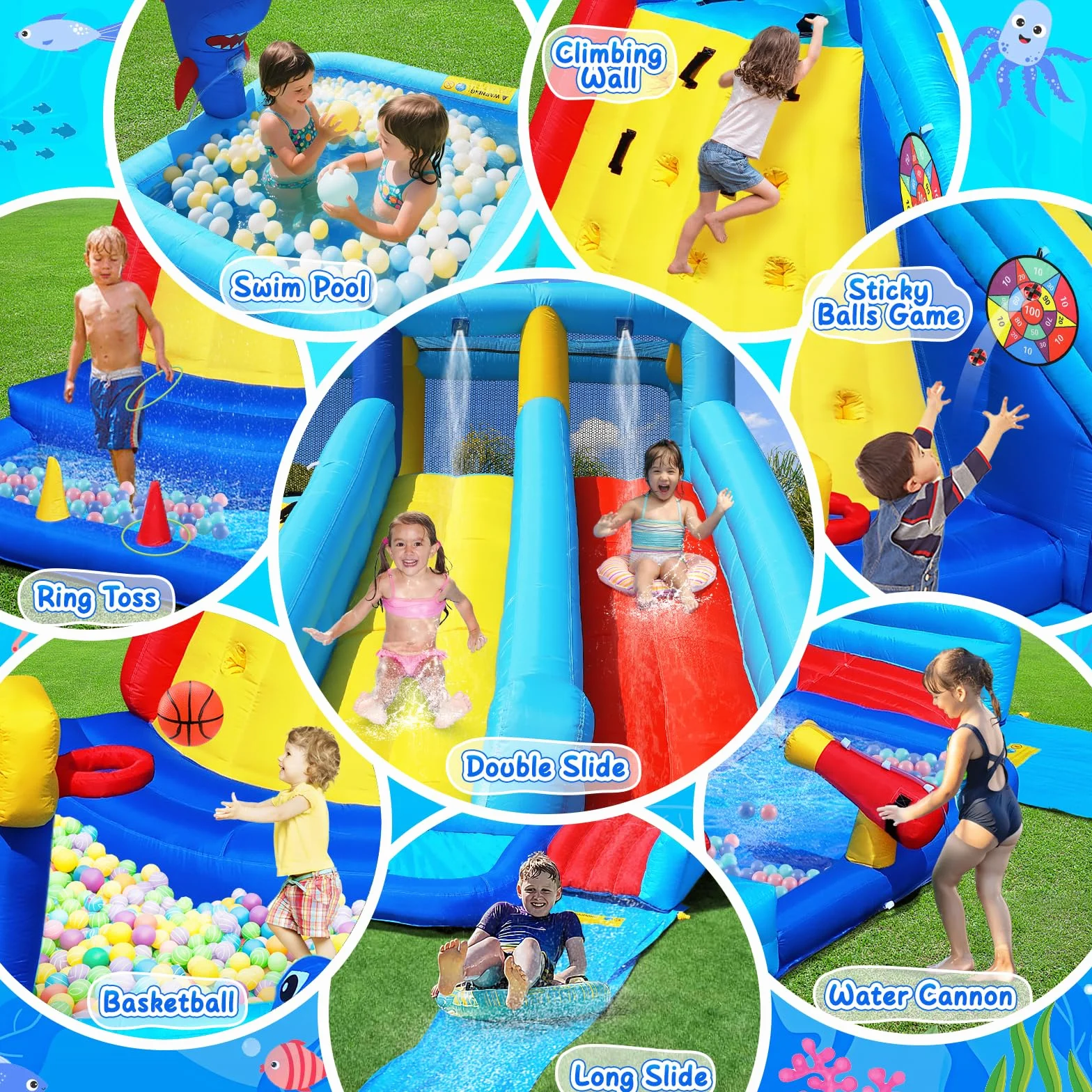 GYMMAL Château Gonflable avec Mur d'escalade, Double Toboggan et Piscine 4x3,6x2,6m