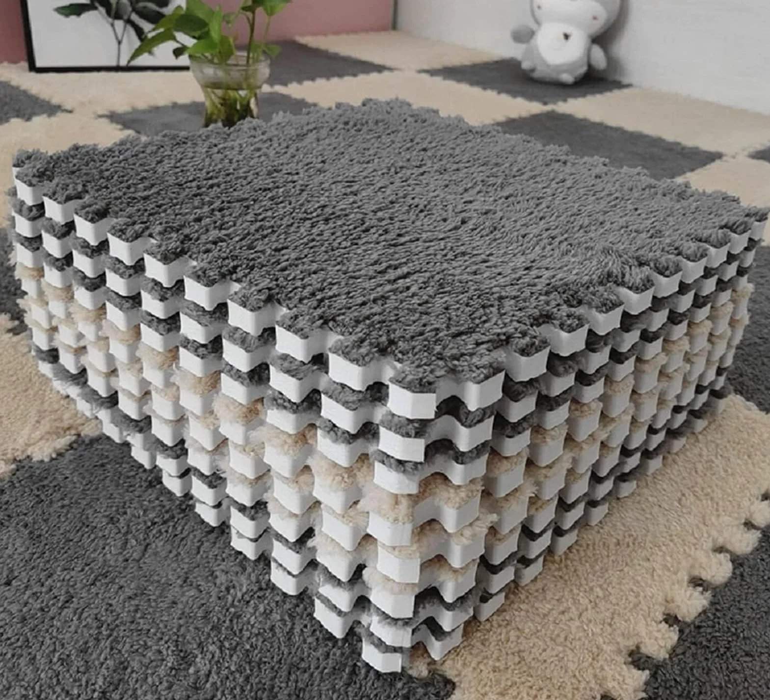 Tapis de Jeu Puzzle en Mousse 30x30cm 10 Pièces Dalles Emboîtables Tapis de Sol Gris Chamois