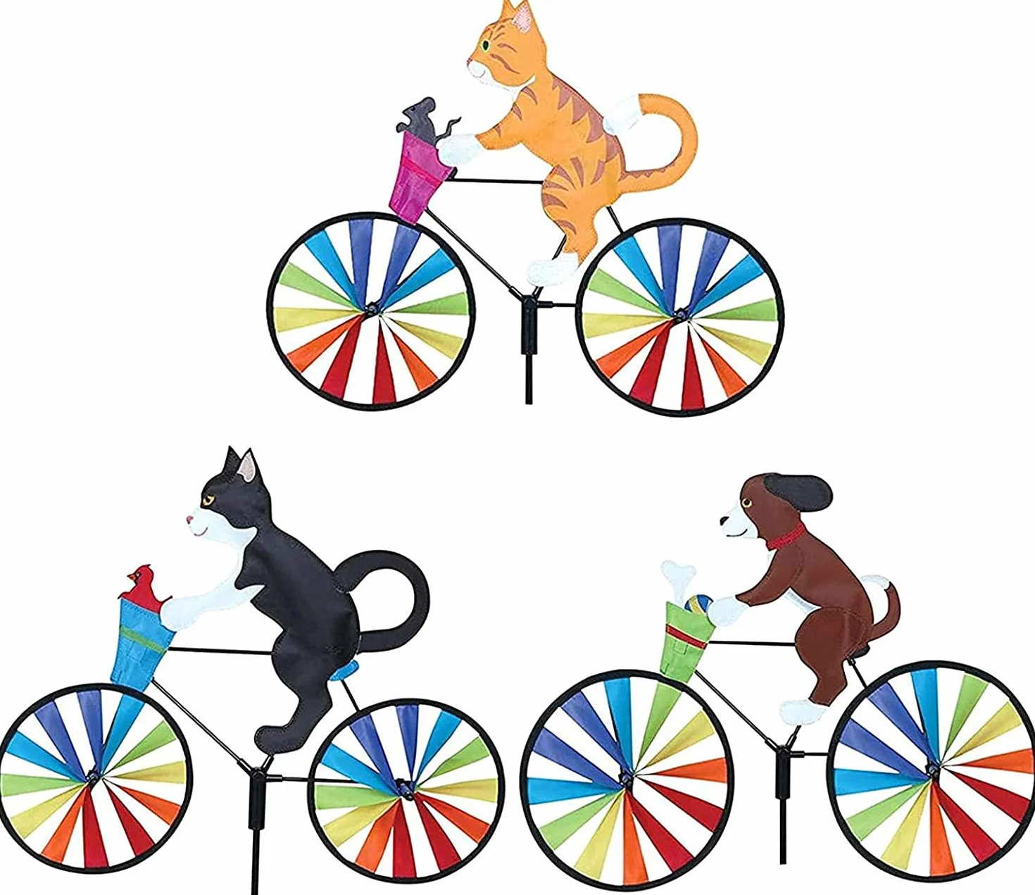 Lot de 3 moulins à vent vélo 3D chien chat décoration extérieure