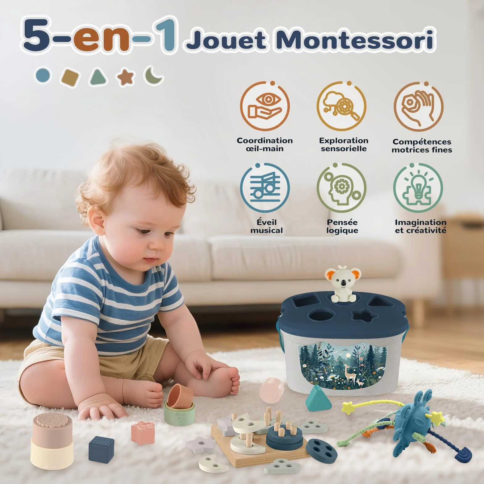 Jouet Montessori 5 en 1 Bebe 6 Mois et Plus, Jeux Sensoriel avec Tri de Formes, Xylophone, Gobelets Empilables