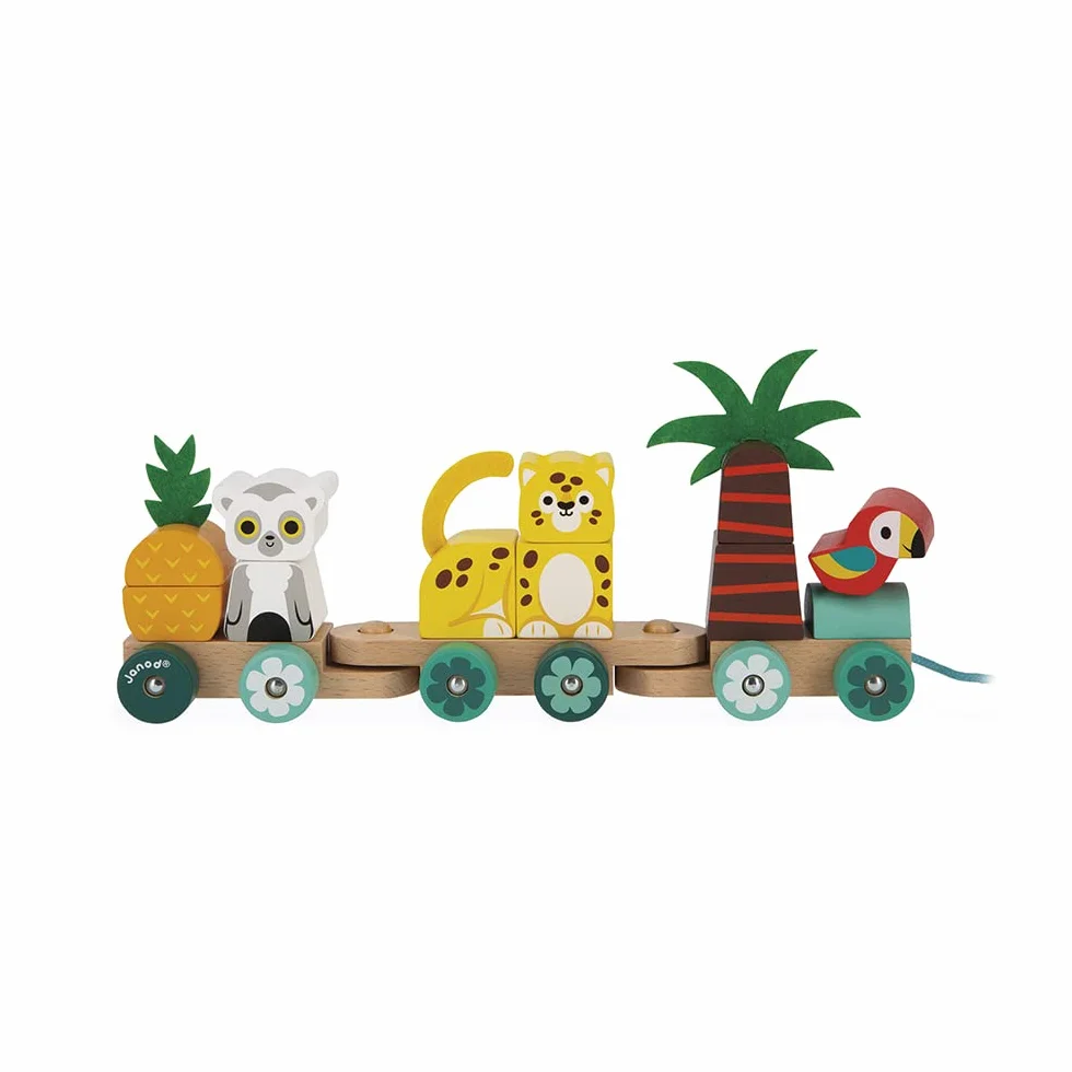 Janod Train Tropical à Tirer Tropik Jouet en Bois 11 Pièces 3 Wagons Motricité Coordination Main Œil FSC Dès 1 an