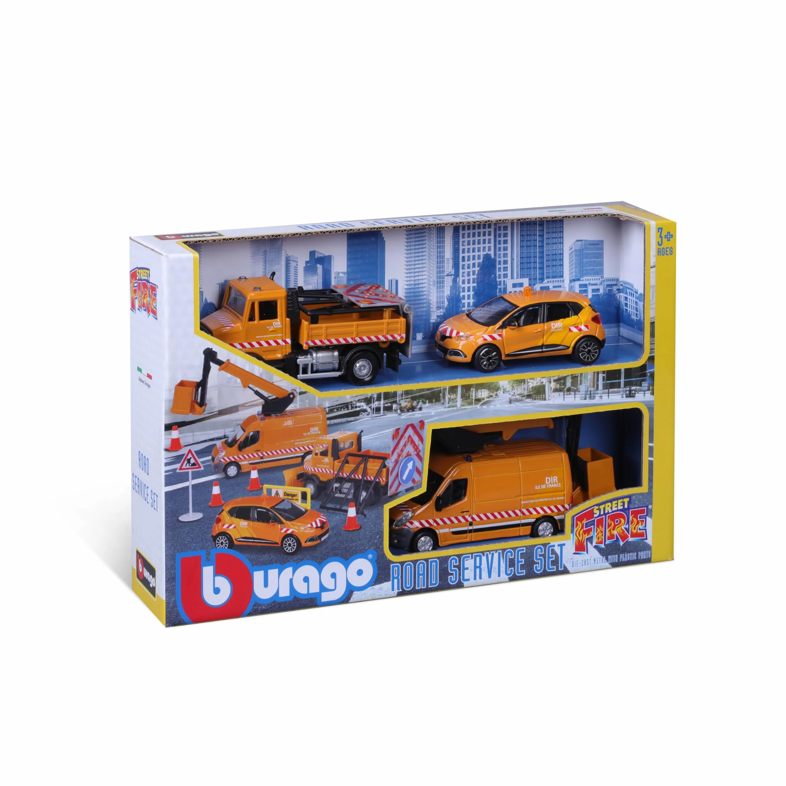 Bburago 1/43 Street Fire City Services Playset 3 véhicules 8 accessoires