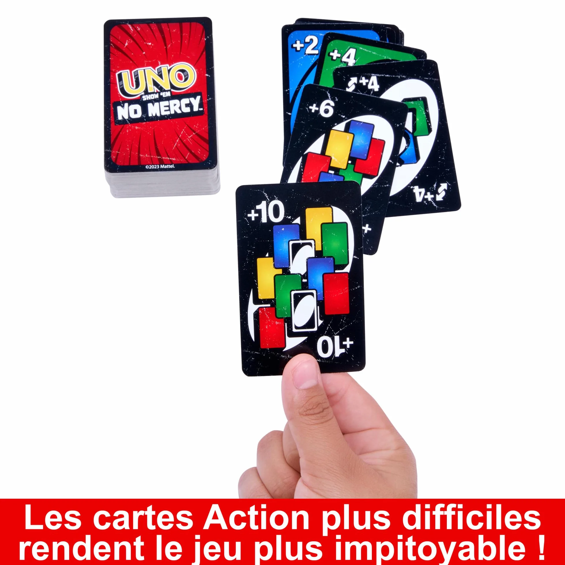 Mattel Games UNO No Mercy Jeu de cartes boîte transport voyage règles spéciales pénalités sévères HXT57