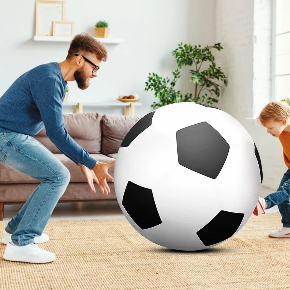 Ballon de football gonflable géant 100 cm caoutchouc robuste avec pompe à main noir et blanc