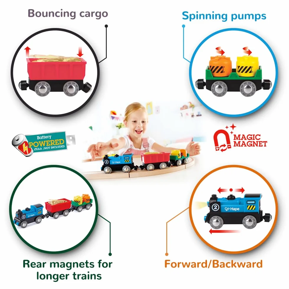 Hape Train de Marchandises à Piles - Locomotive Électrique Bleue avec Deux Wagons pour Enfant dès 3 Ans