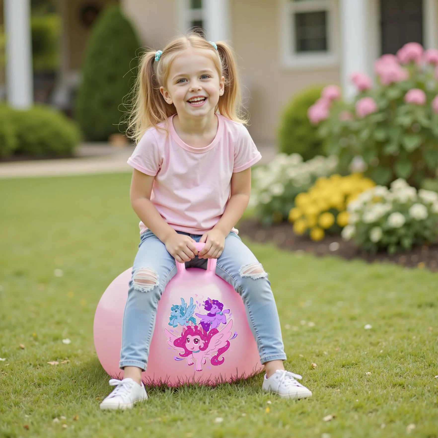INPODAK Balle Sauteuse 45cm avec Poignée Jouet Sauteur Enfants 3-8 Ans Licorne Rose