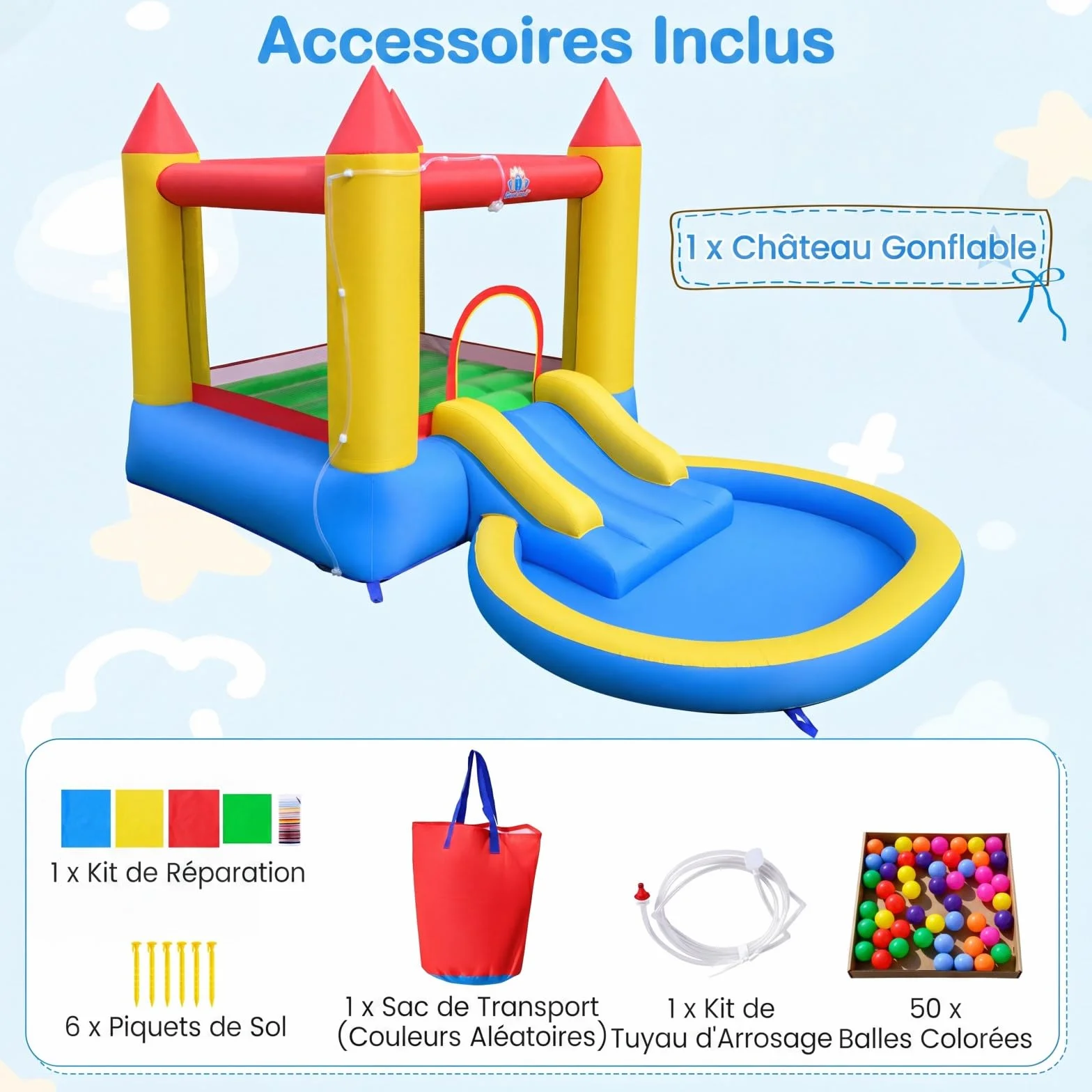 COSTWAY 3 en 1 Château Gonflable avec Toboggan et Maison de Saut, Aire de Jeux avec Piscine à Balles et 50 Balles Océaniques, pour 3-12 Ans