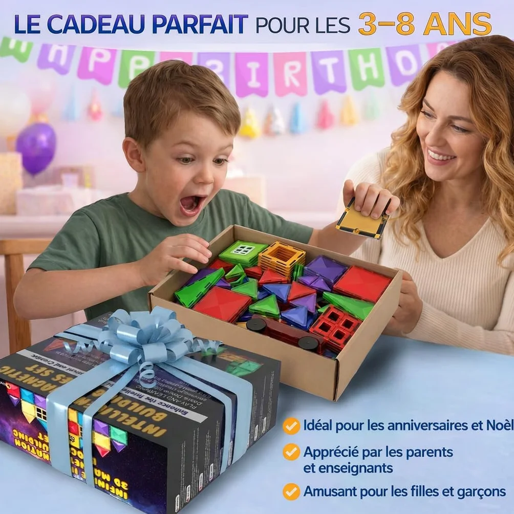 Jeu de Blocs de Construction Magnétiques 57 Pièces STEM Montessori Enfants 3 Ans