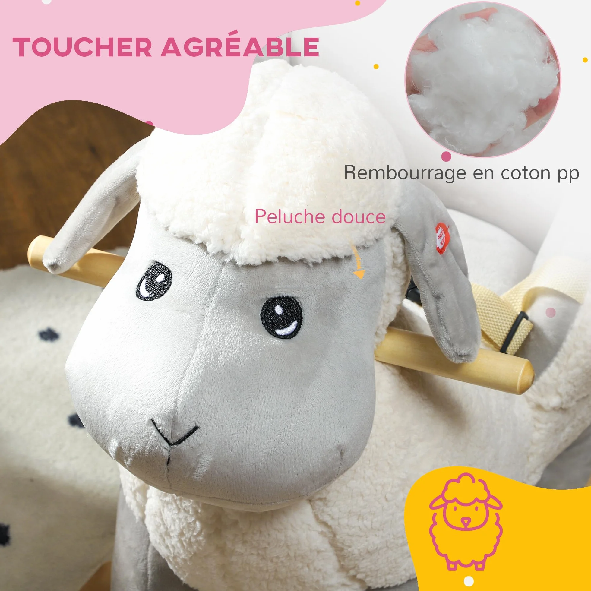 AIYAPLAY Cheval à Bascule pour Enfant, Jouet à Bascule en Peluche Agneau, 68 x 35 x 55 cm, Gris