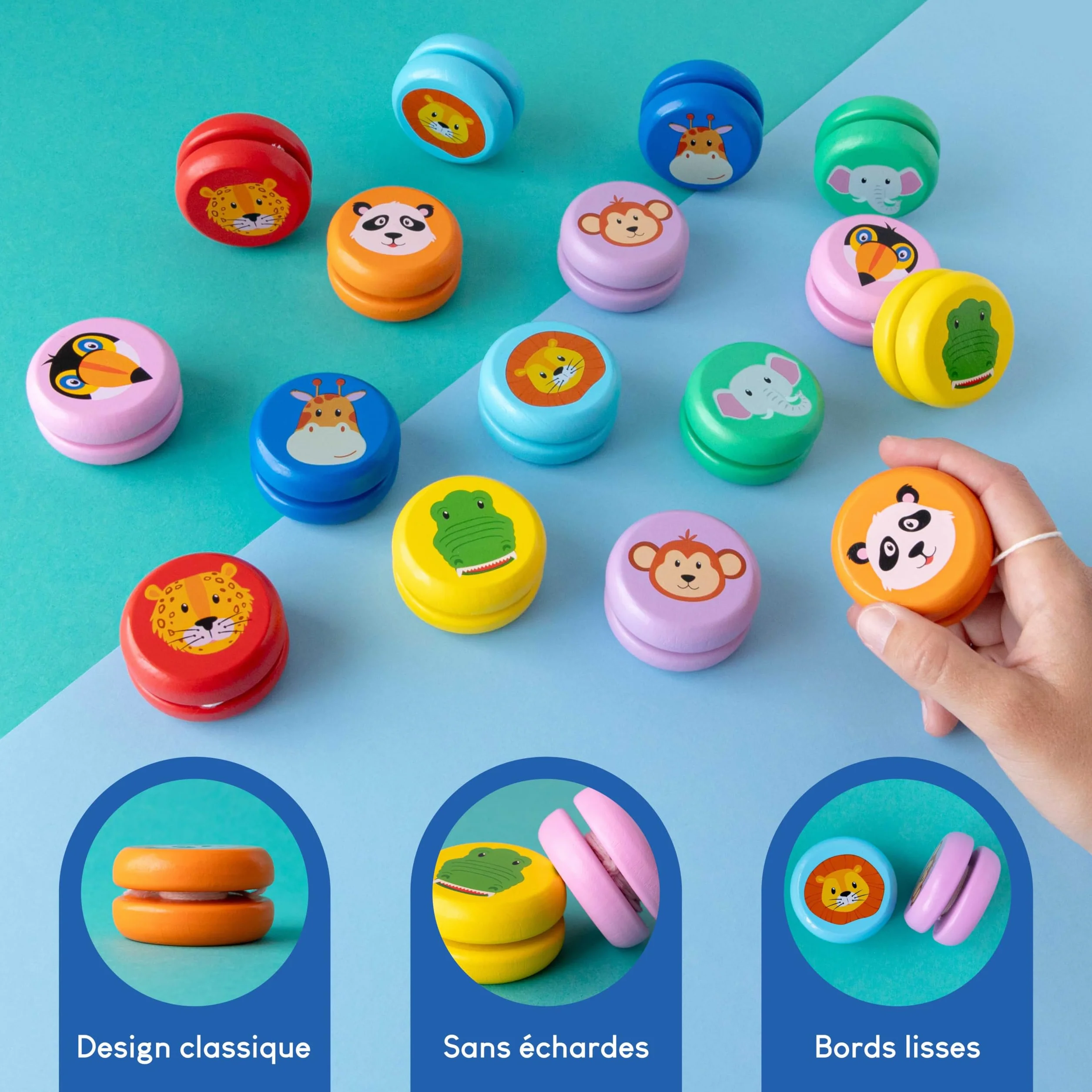 BONNYCO Yoyo Enfant Lot 16 Pièces Animaux de la Jungle Bois Cadeau Anniversaire