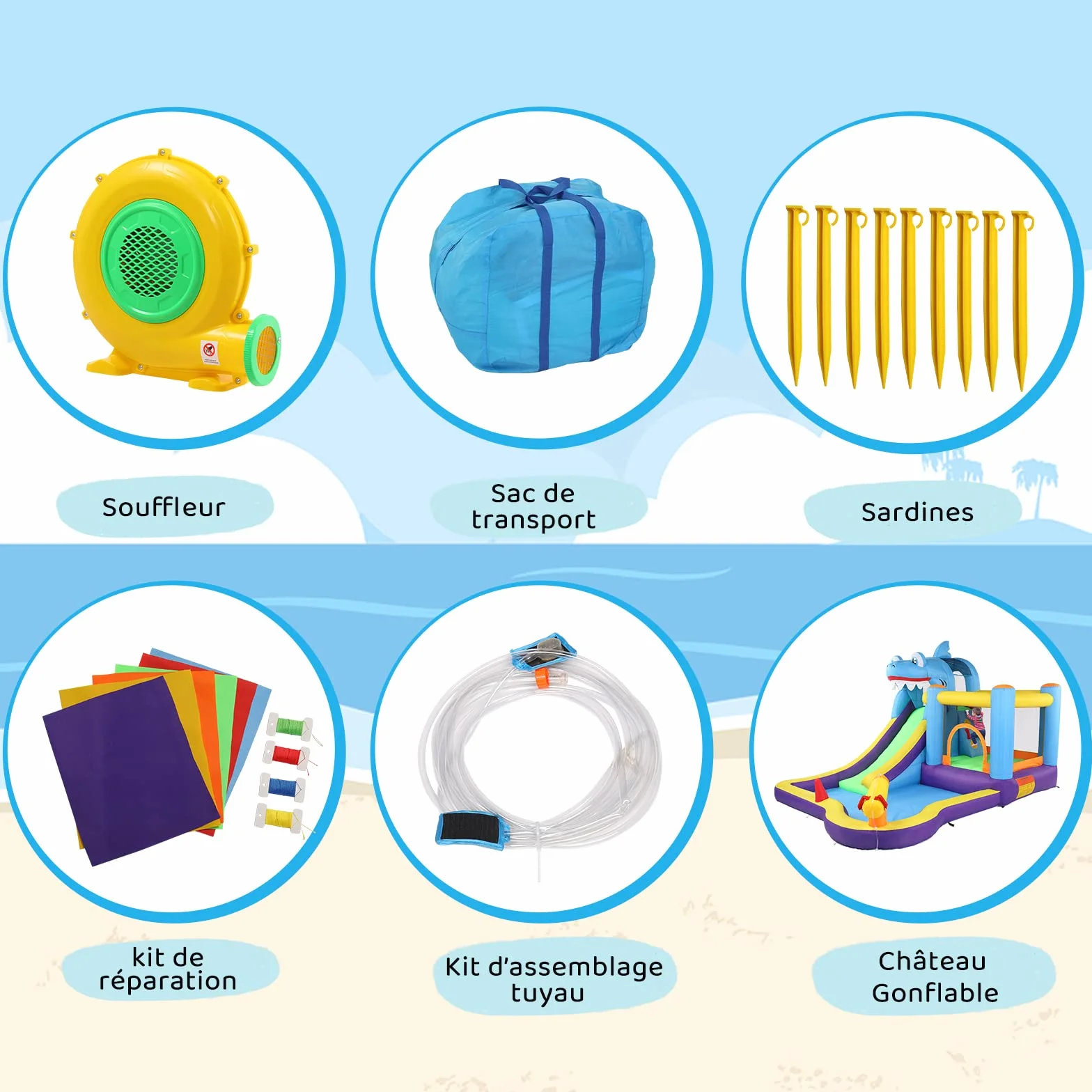 LEADZM Château Gonflable Parc Aquatique Thème Requin avec Trampoline Toboggan Piscine Pistolet à Eau 380x260x240 cm