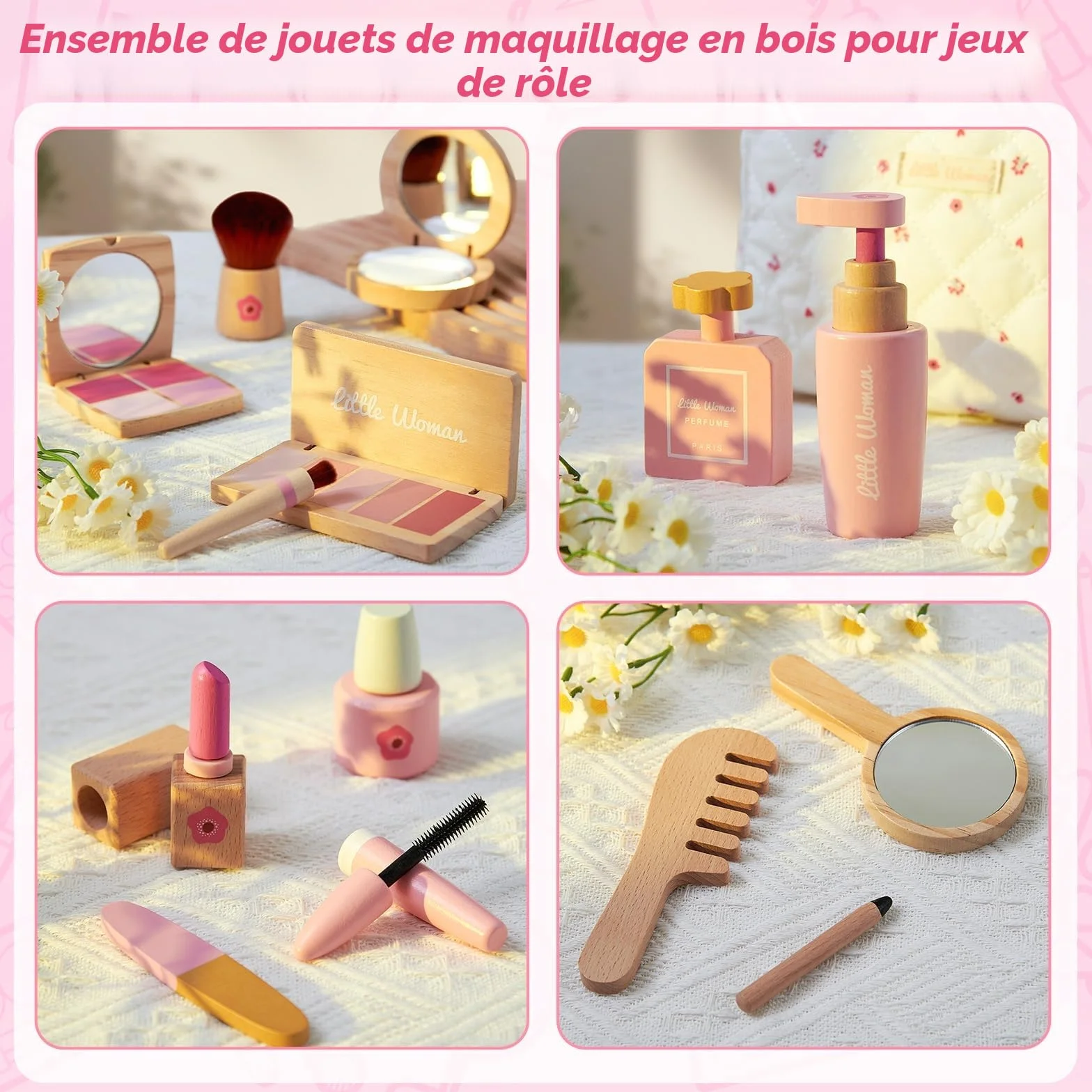Coffret Maquillage Enfant Fille en Bois Jouet Maquillage Malette Accessoires Jeux Princesse Cadeau 3-8 Ans