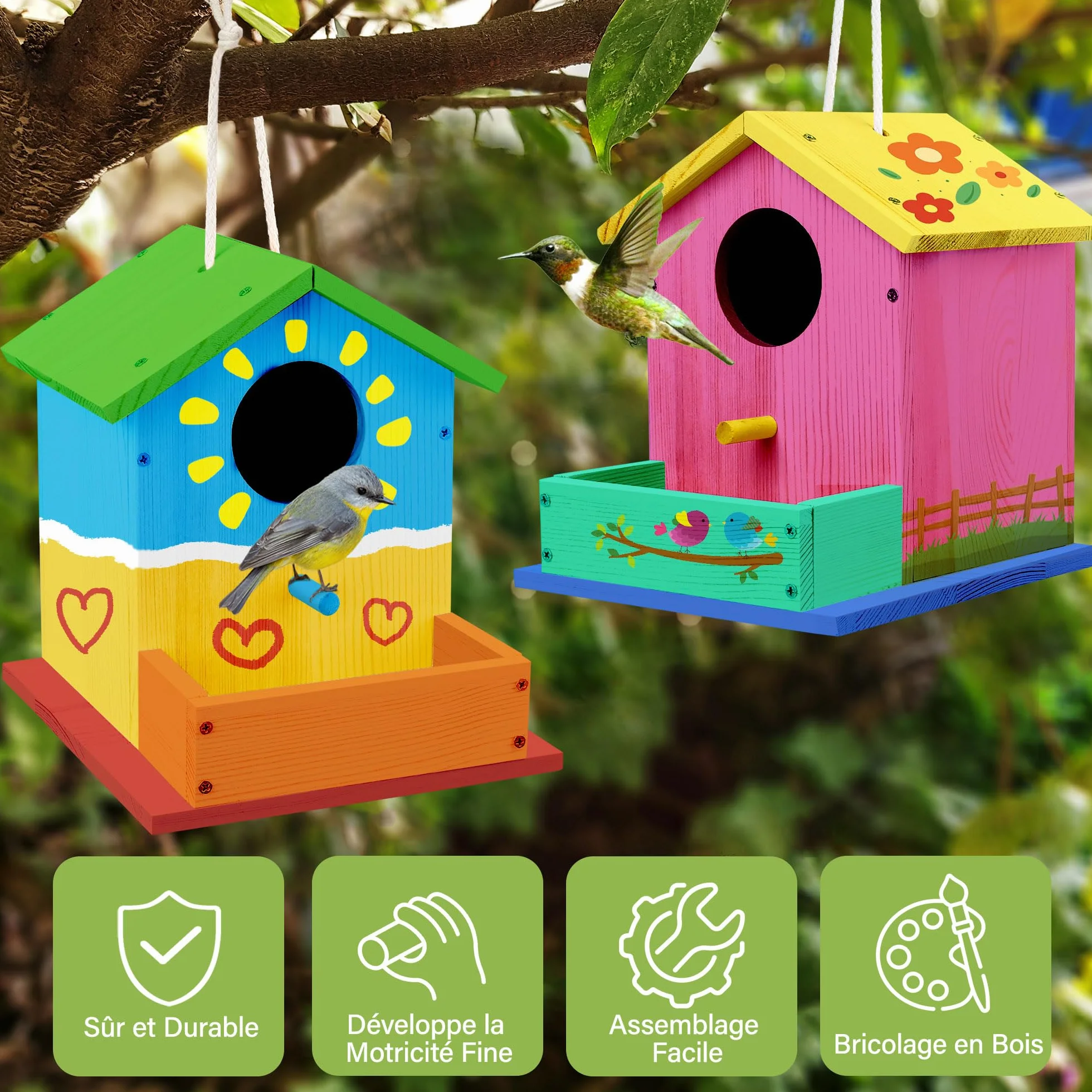 LotFancy Kit de Bricolage Cabane Oiseaux en Bois pour Enfant, 2 Pièce, Maison Oiseaux Exterieur