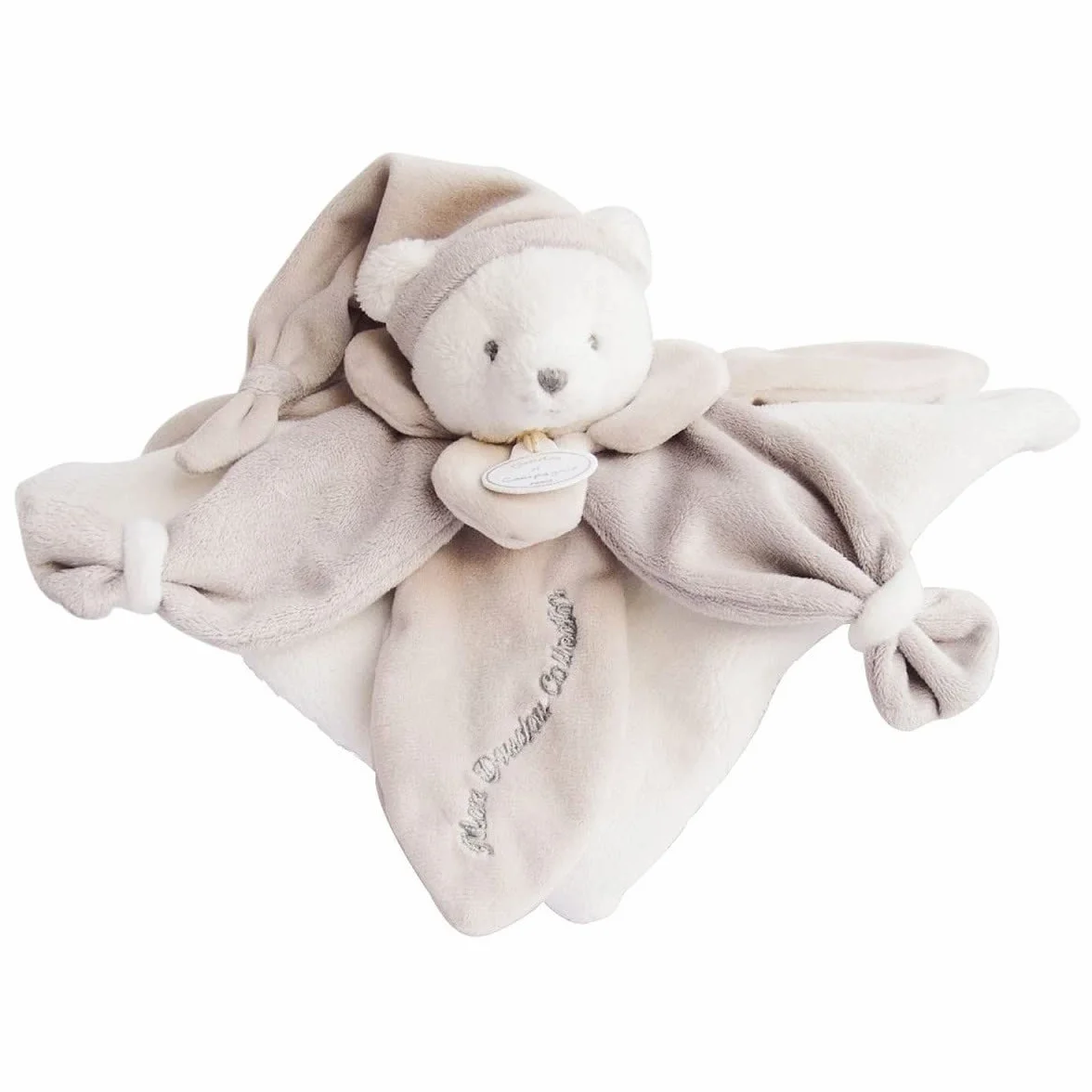 DOUDOU ET COMPAGNIE Doudou Plat Ours Collector Taupe 3 Couleurs au Choix Ourson avec Bonnet de Nuit Boite Cadeau Cadeau Naissance Bébé