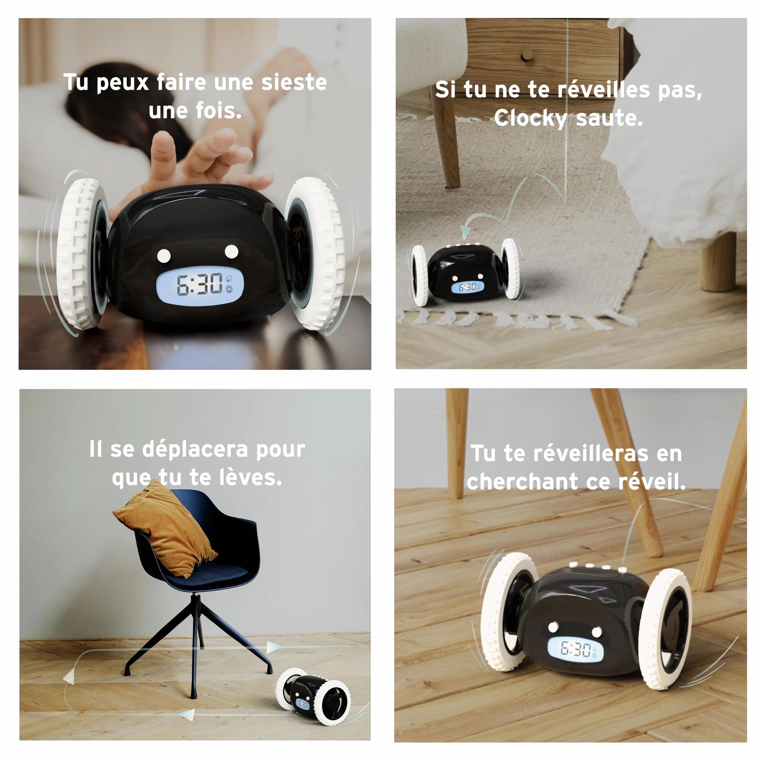 CLOCKY Réveil Matin Roulant Forte Sonnerie Puissant LED Noir