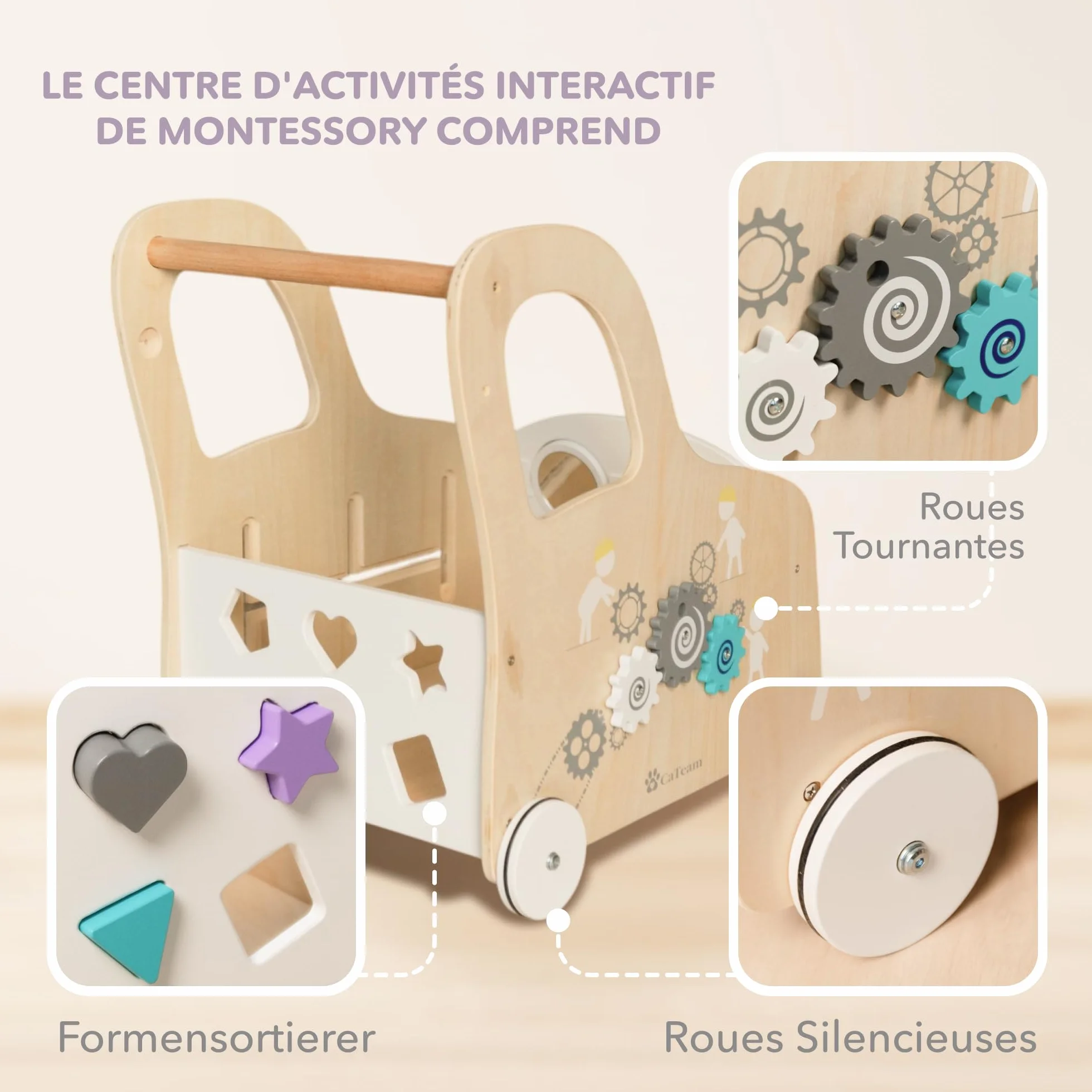 Chariot en Bois Cateam avec Tableau d'Activités Montessori - Jouet à Pousser et Tirer Centre d'Activités Éducatives